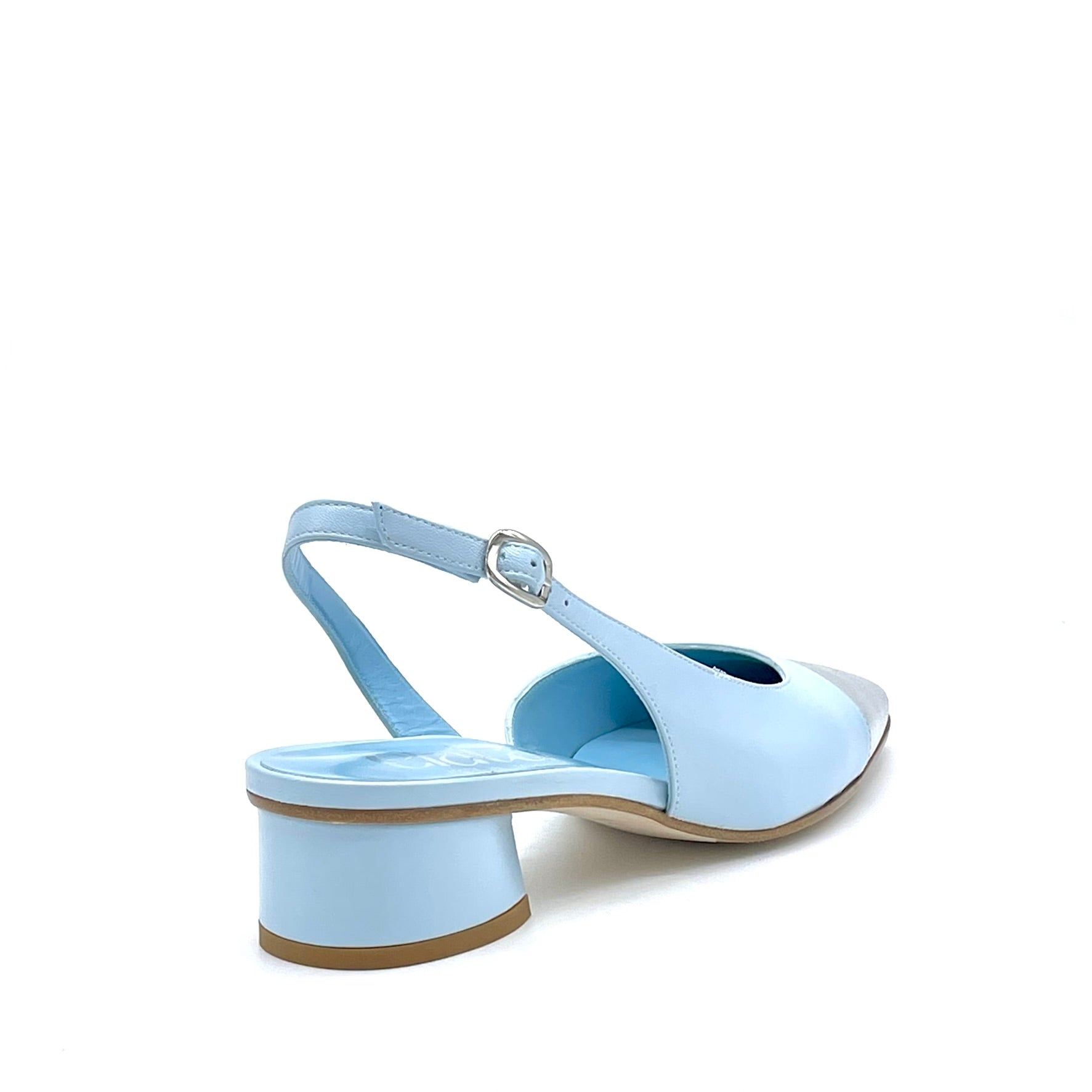 Slingback in pelle celeste e pelle laminata argento – Cod. 15170
