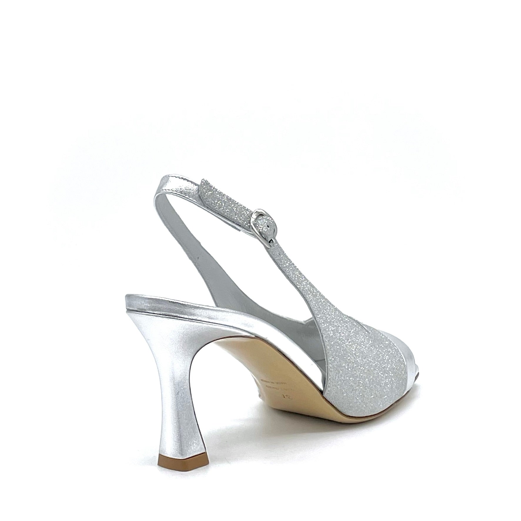 Sandalo in pelle laminate e tessuto glitter argento – Cod. 15136