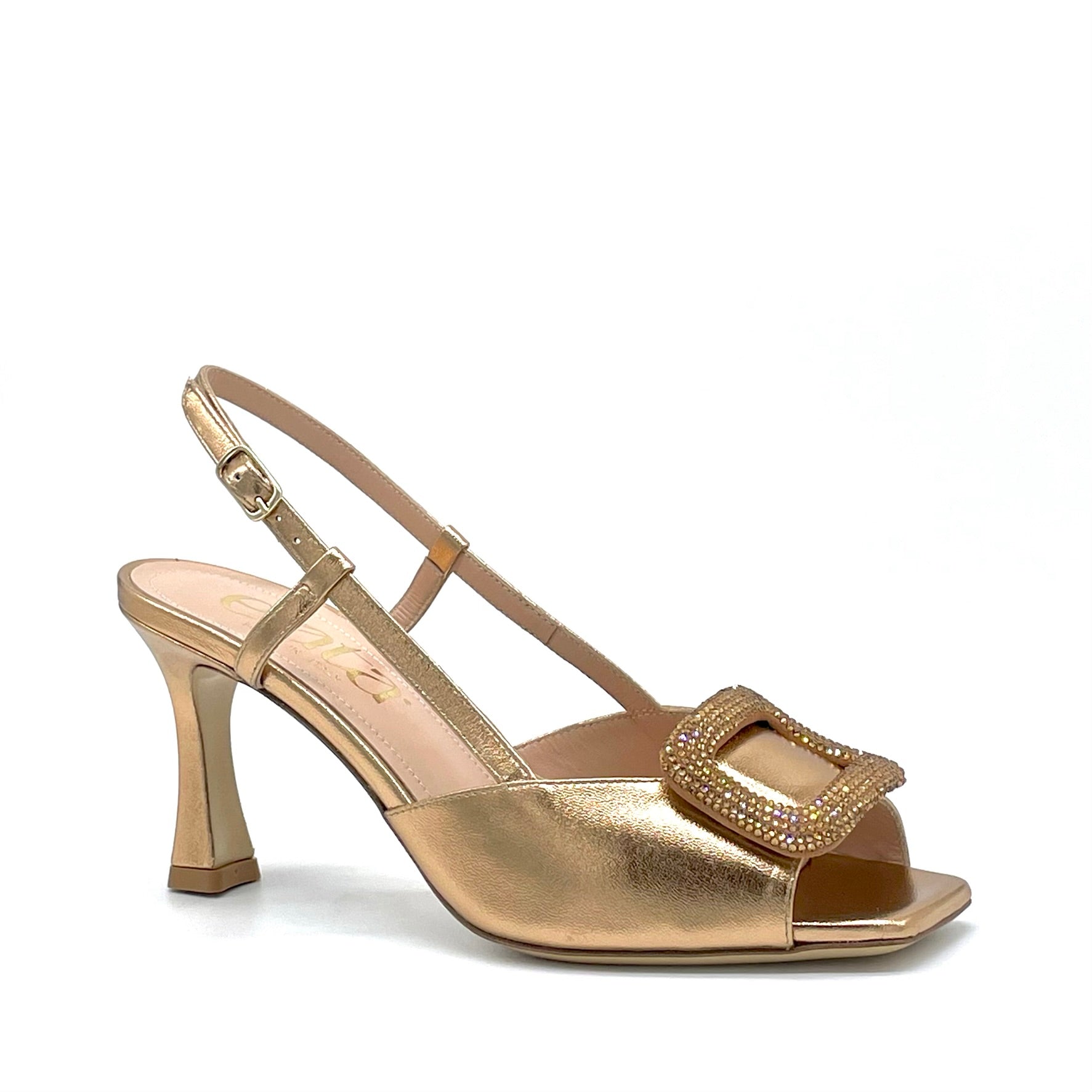 Copper laminate leather sandal with jewel buckle – Cod. 15137