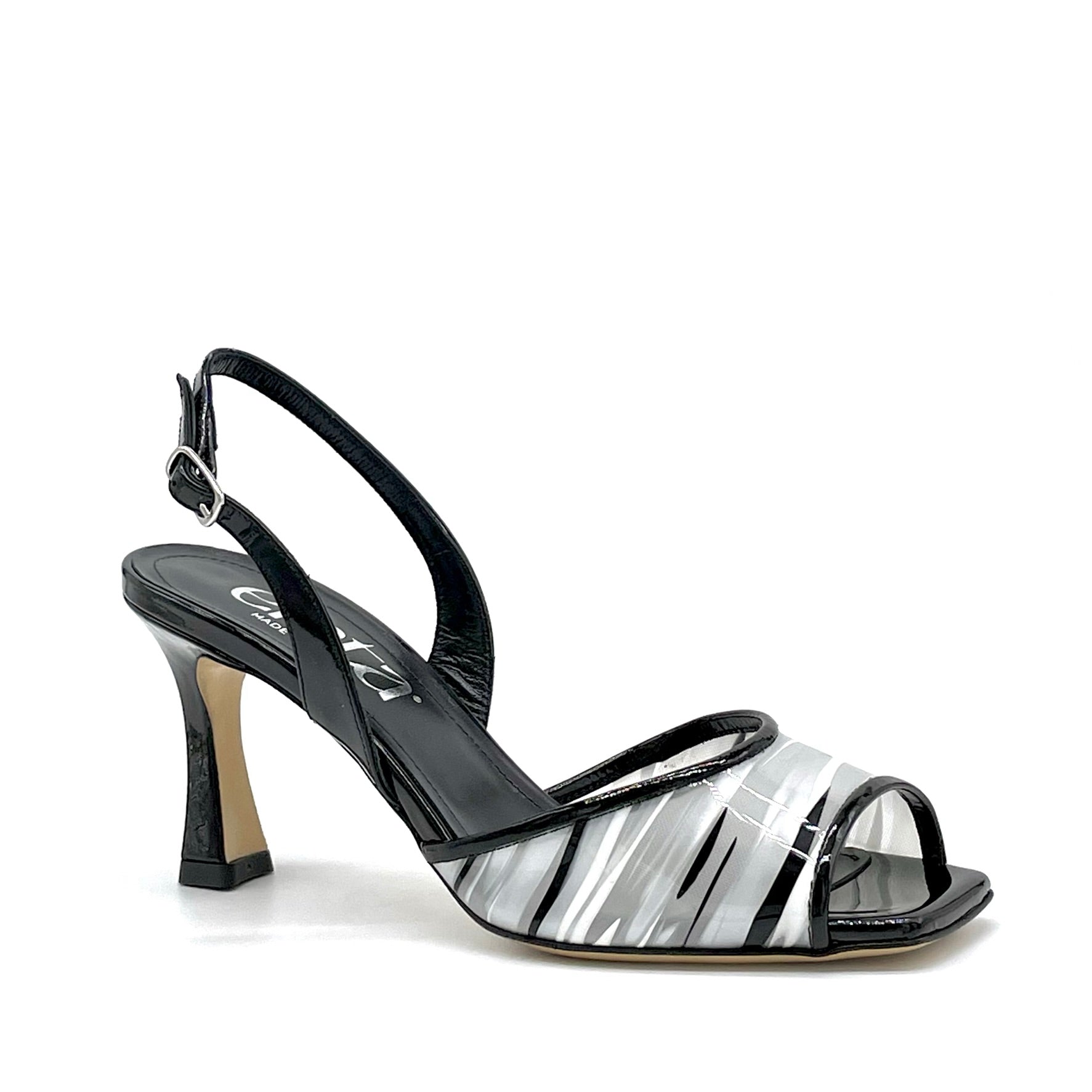 Sandalo in vernice nera e vinile black and white – Cod. 15138