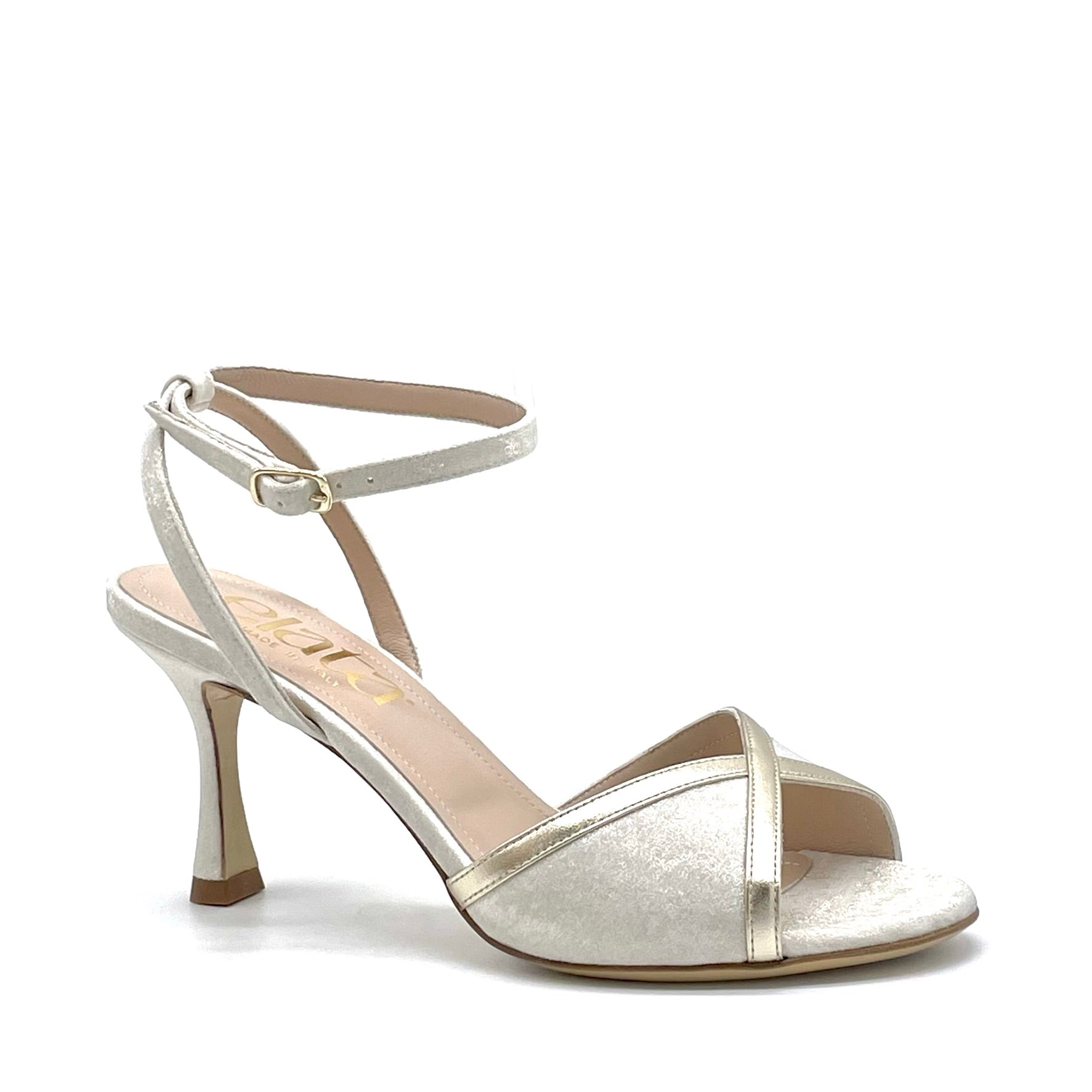 Ivory satin effect chenille and gold laminate leather sandal with ankle strap – Cod. 15145