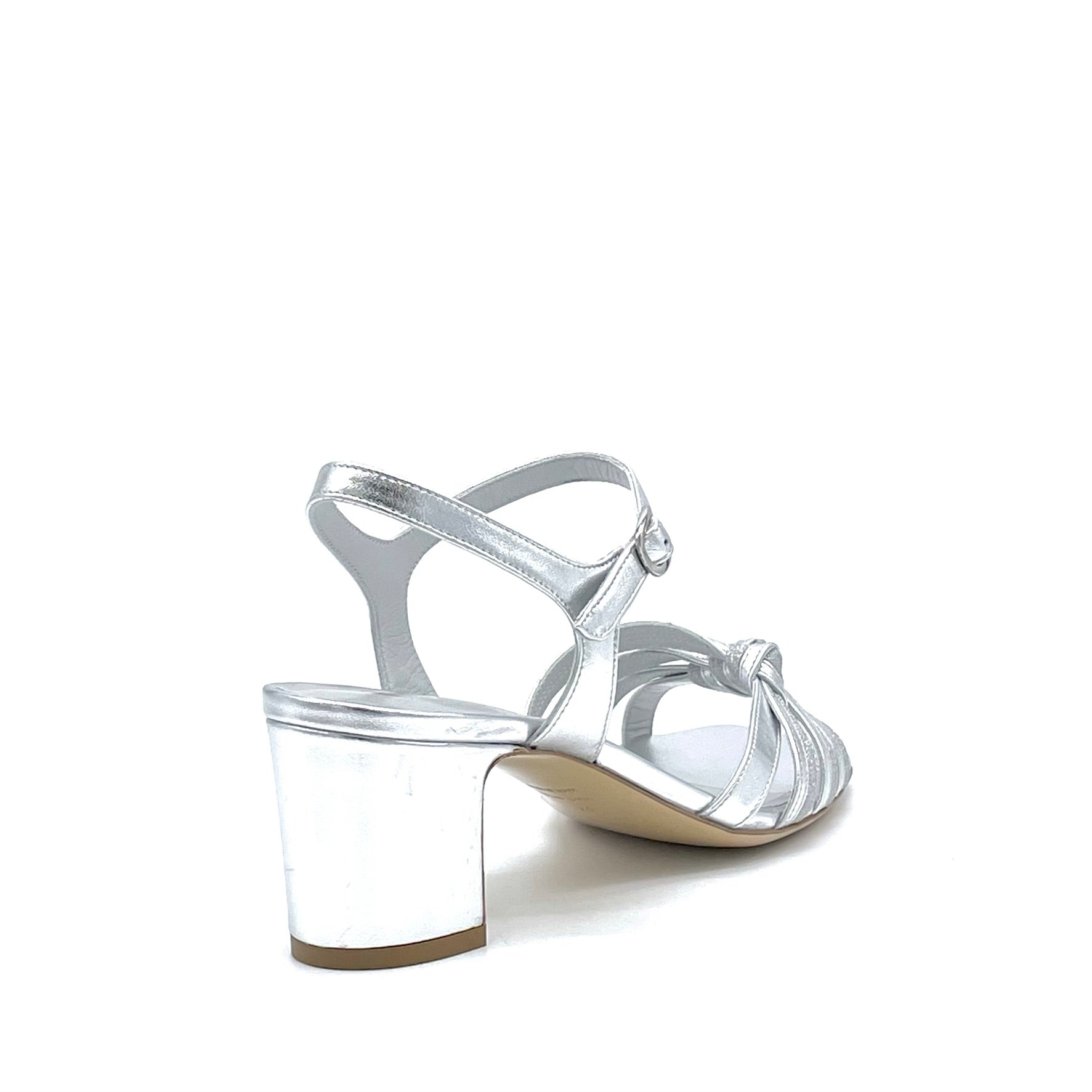 Sandalo in pelle laminate e tessuto glitter argento – Cod. 15149