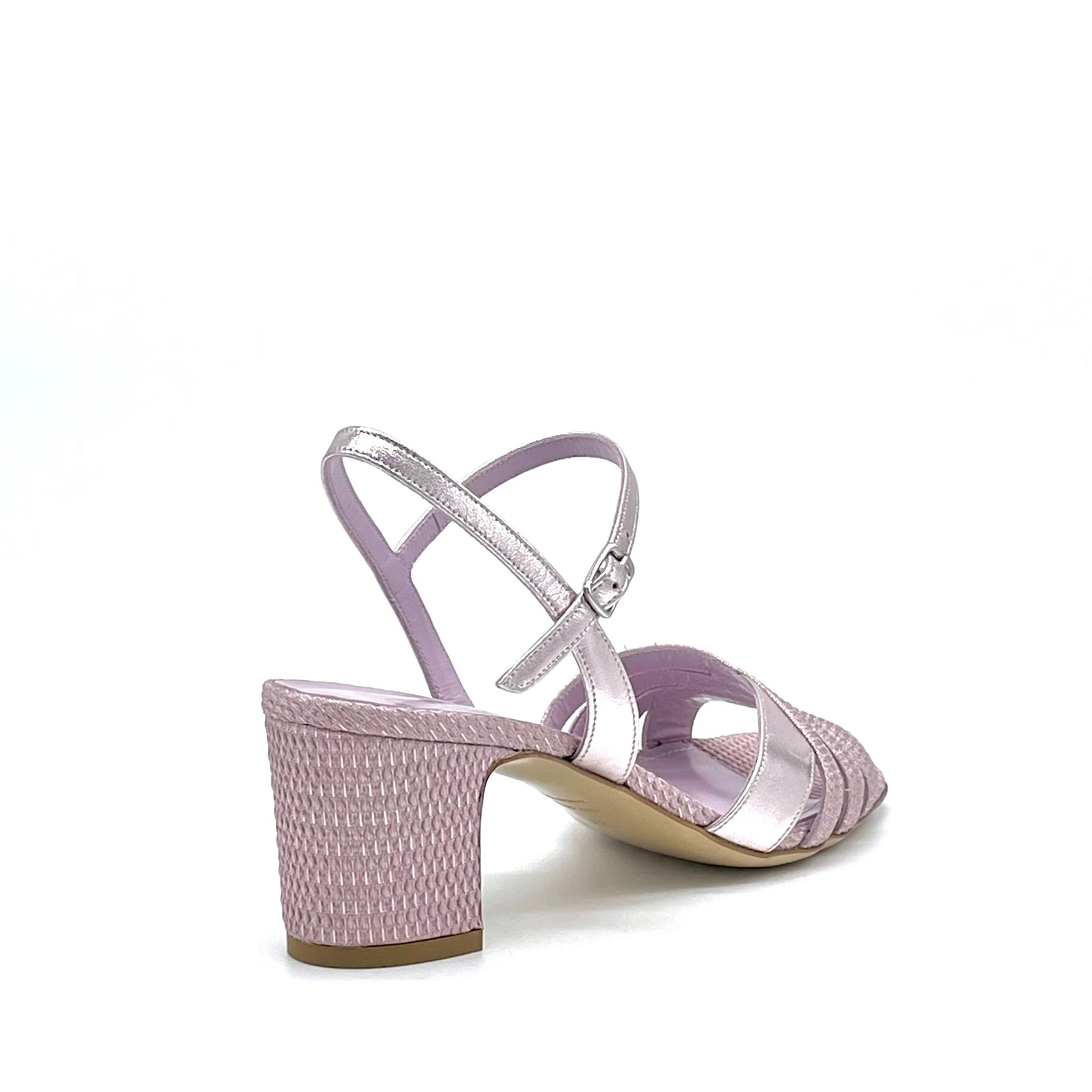 Sandalo in tessuto laminato e pelle laminata color lavanda – Cod. 15150