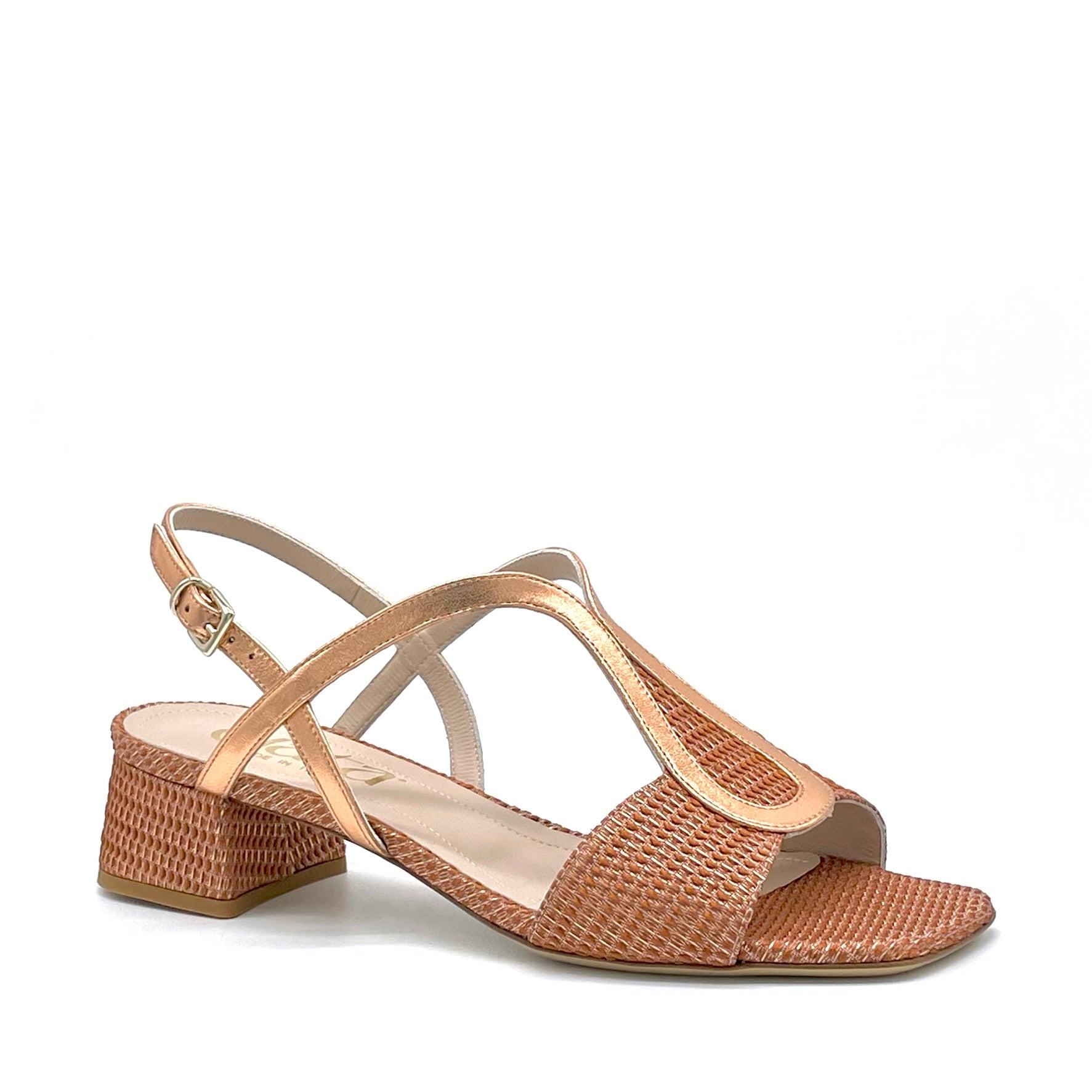 Sandalo in tessuto e pelle laminata color rame – Cod. 15155
