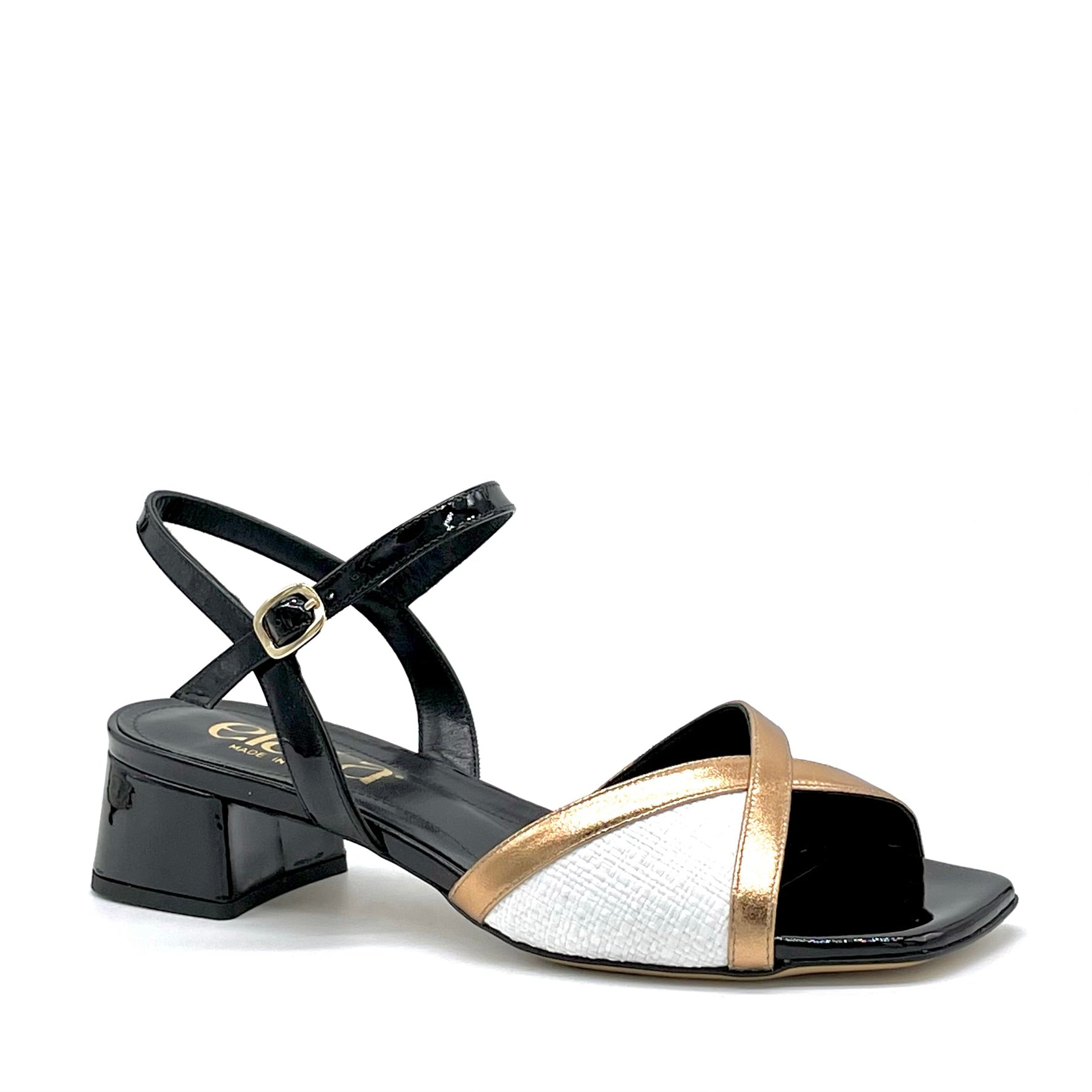 Black patent, white raffia and copper color laminate leather sandal – Cod. 15157