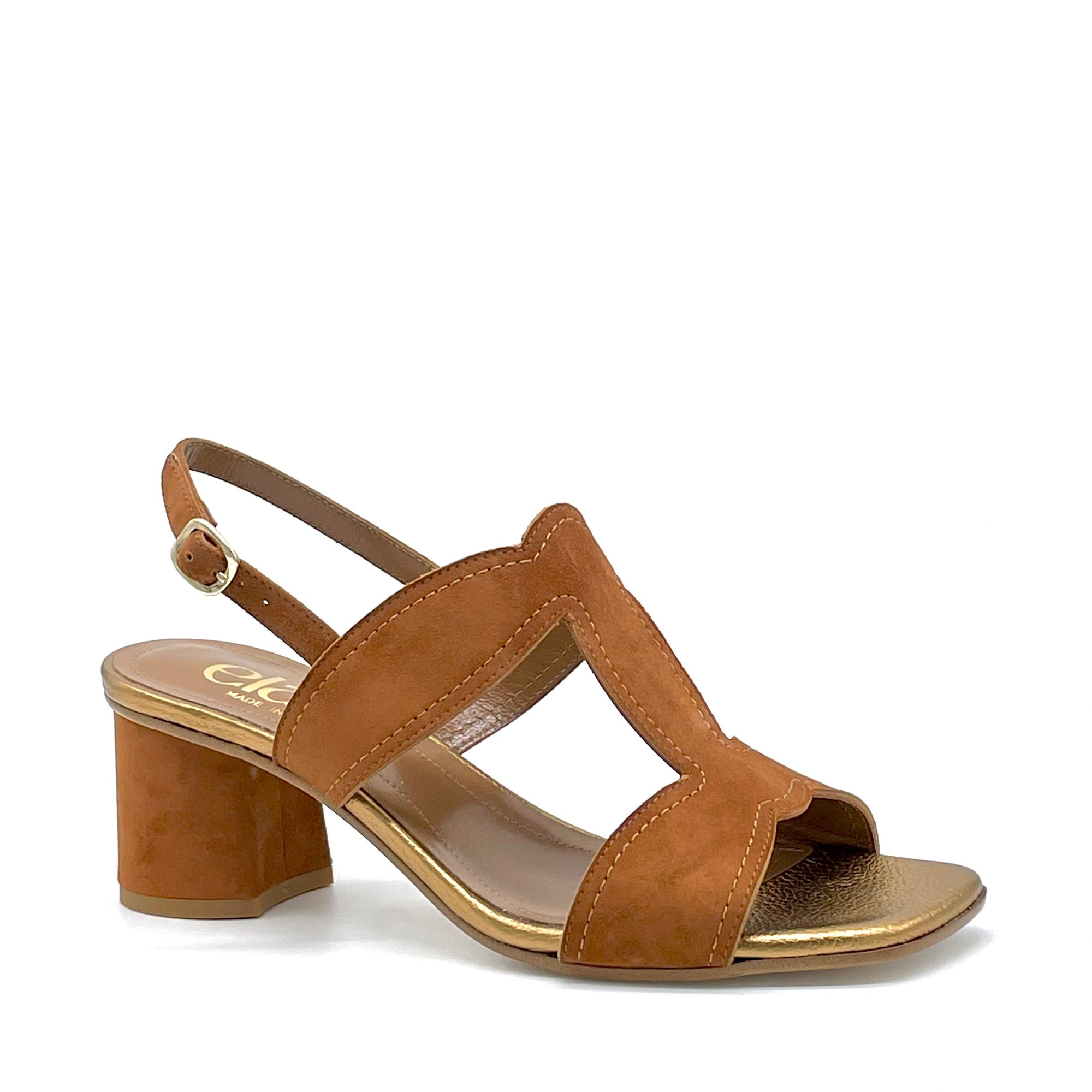 Sandalo in camoscio marrone e pelle laminata oro – Cod. 15161