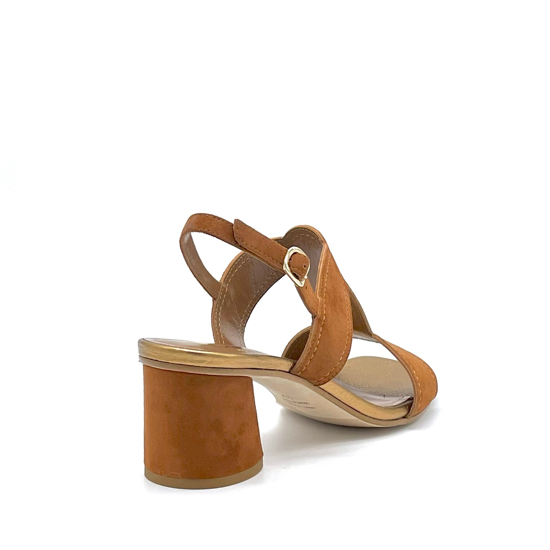 Sandalo in camoscio marrone e pelle laminata oro – Cod. 15161