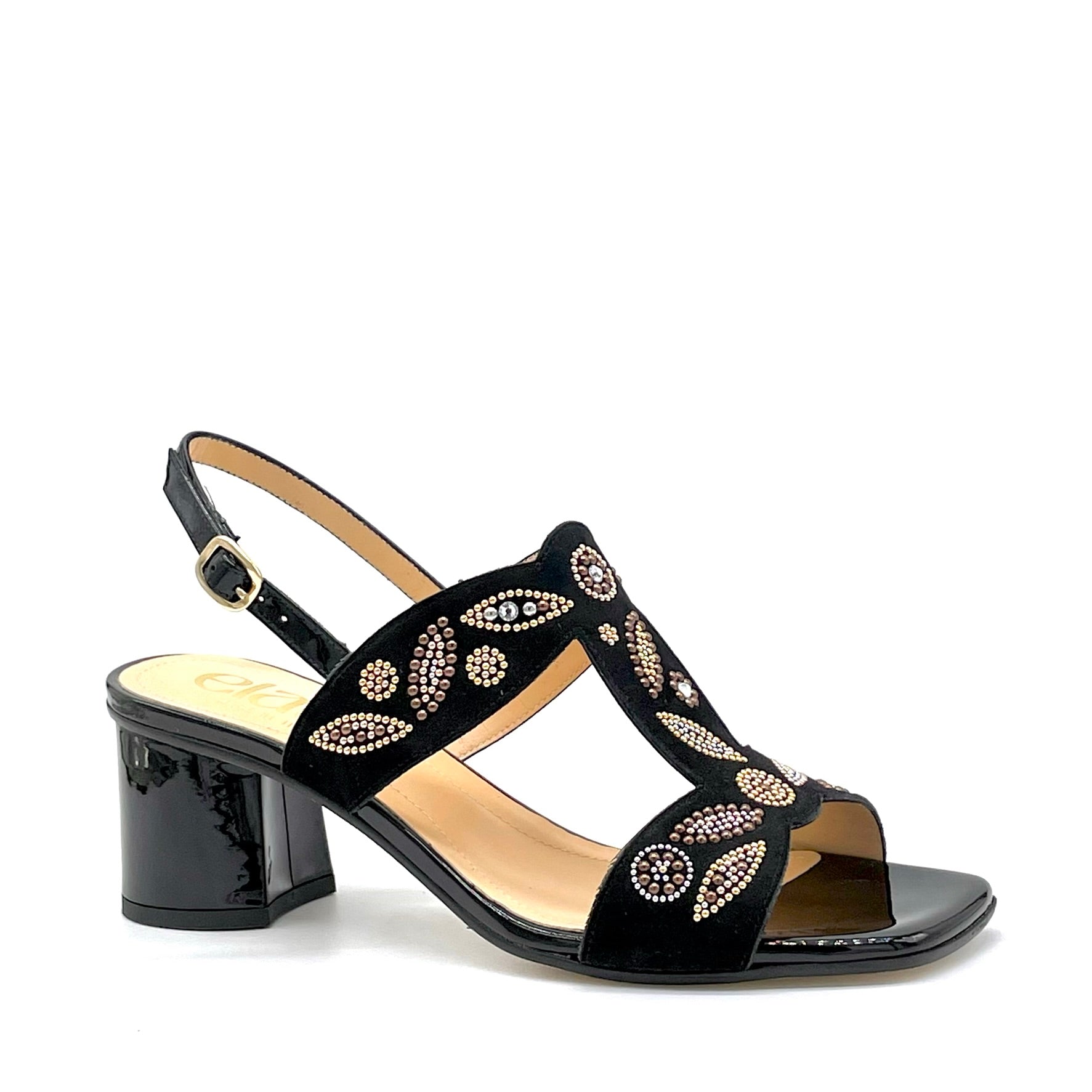 Sandalo in vernice e camoscio nero con applicazione di strass dorati – Cod. 15163