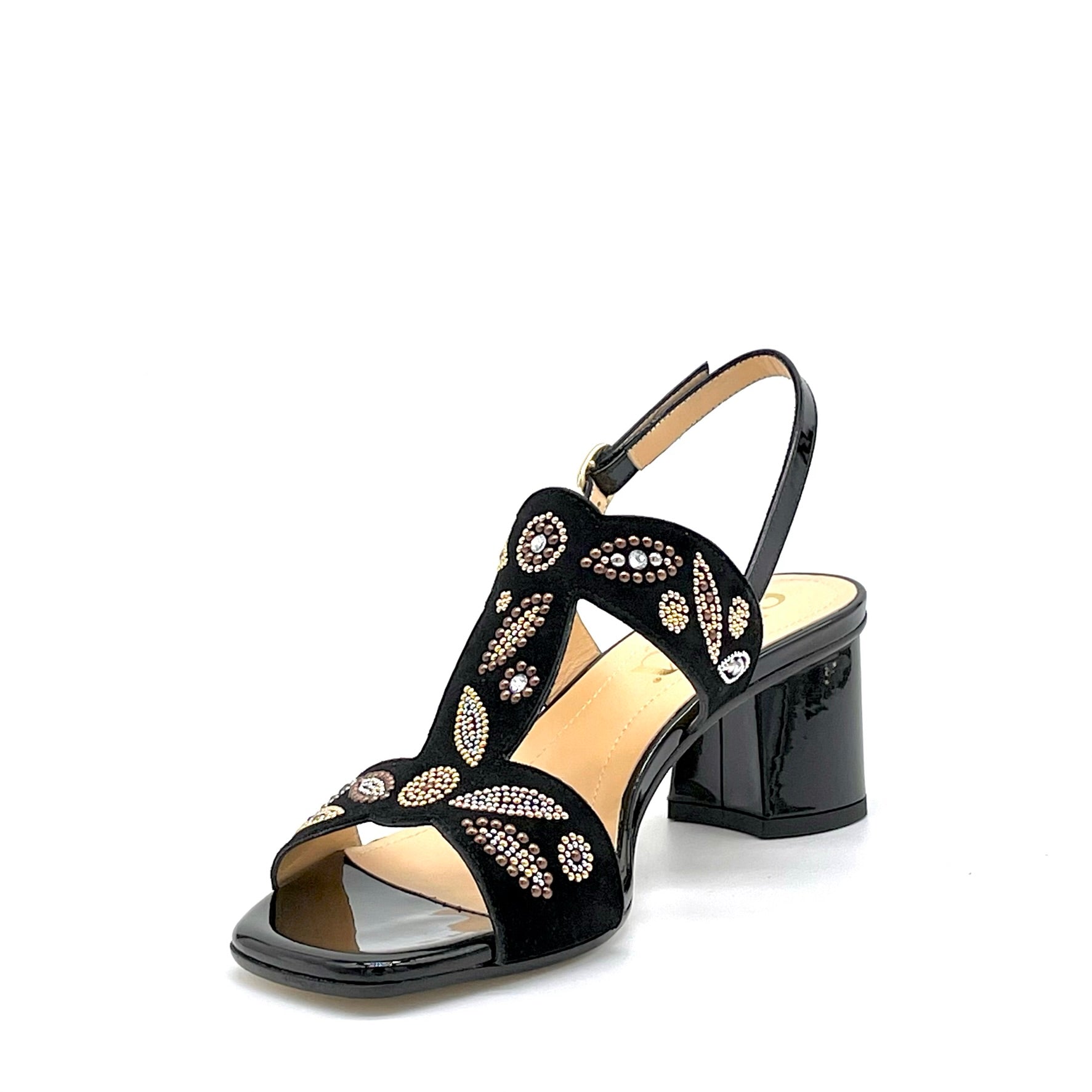 Sandalo in vernice e camoscio nero con applicazione di strass dorati – Cod. 15163