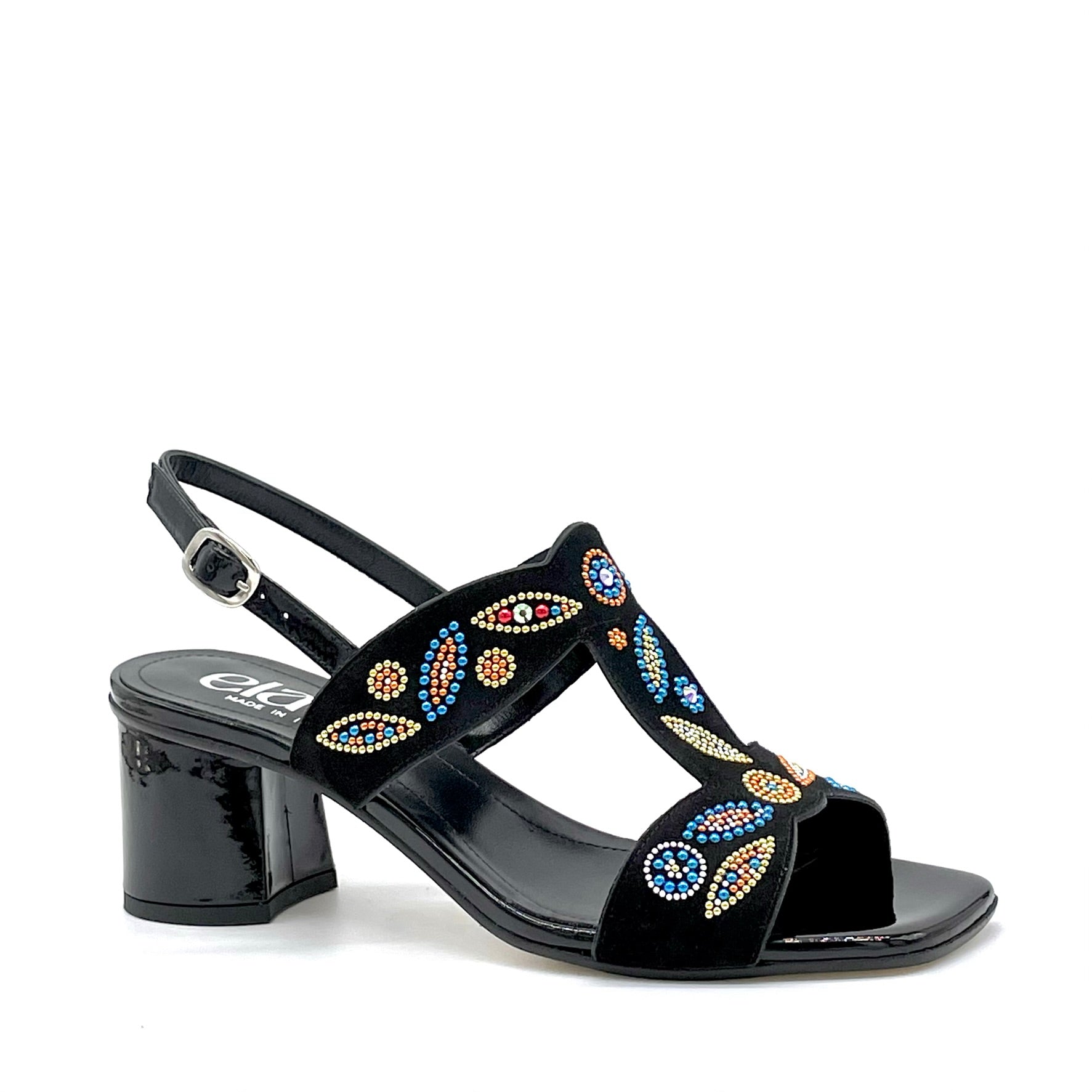 Sandalo in vernice e camoscio nero con applicazione di strass multicolor – Cod. 15163-1
