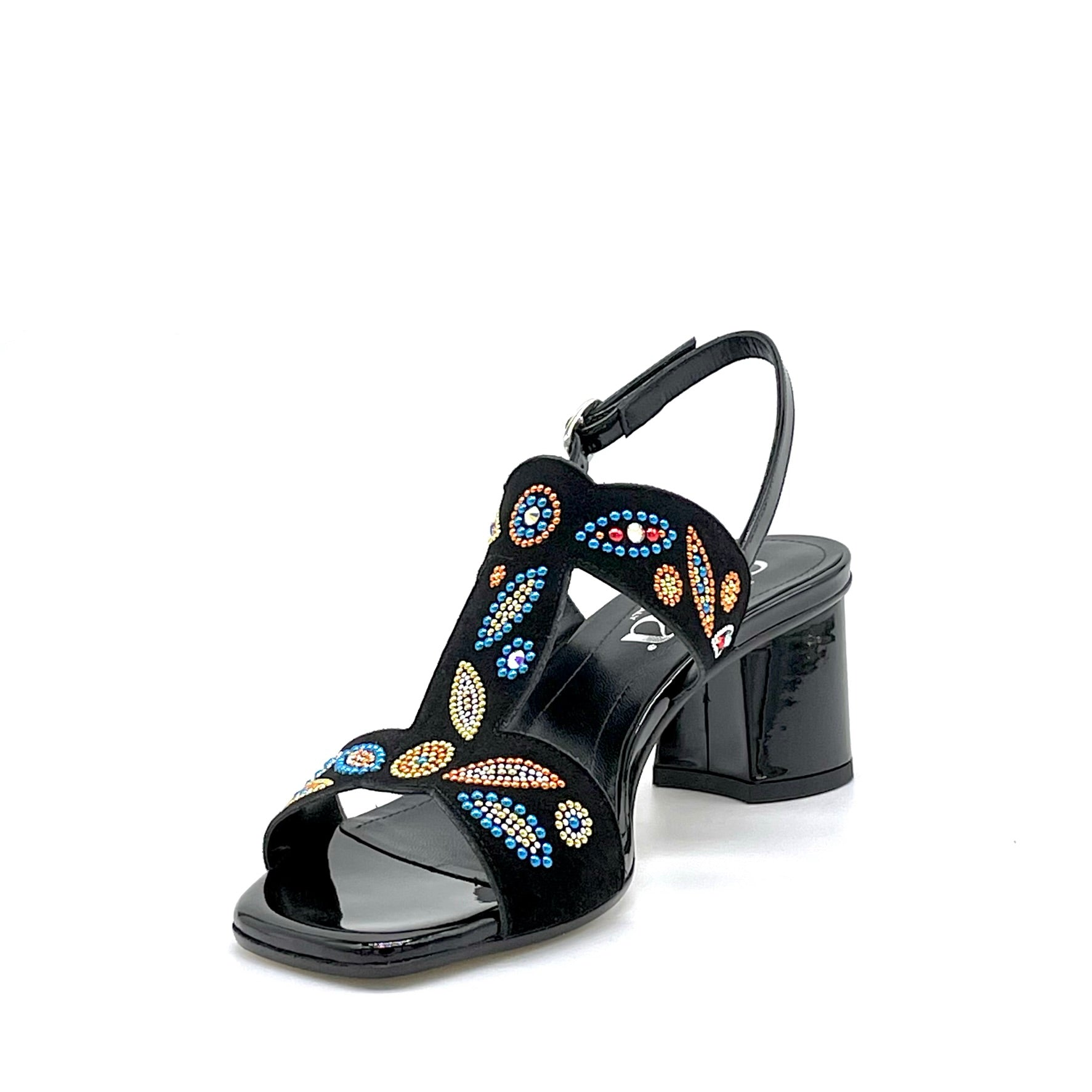 Sandalo in vernice e camoscio nero con applicazione di strass multicolor – Cod. 15163-1