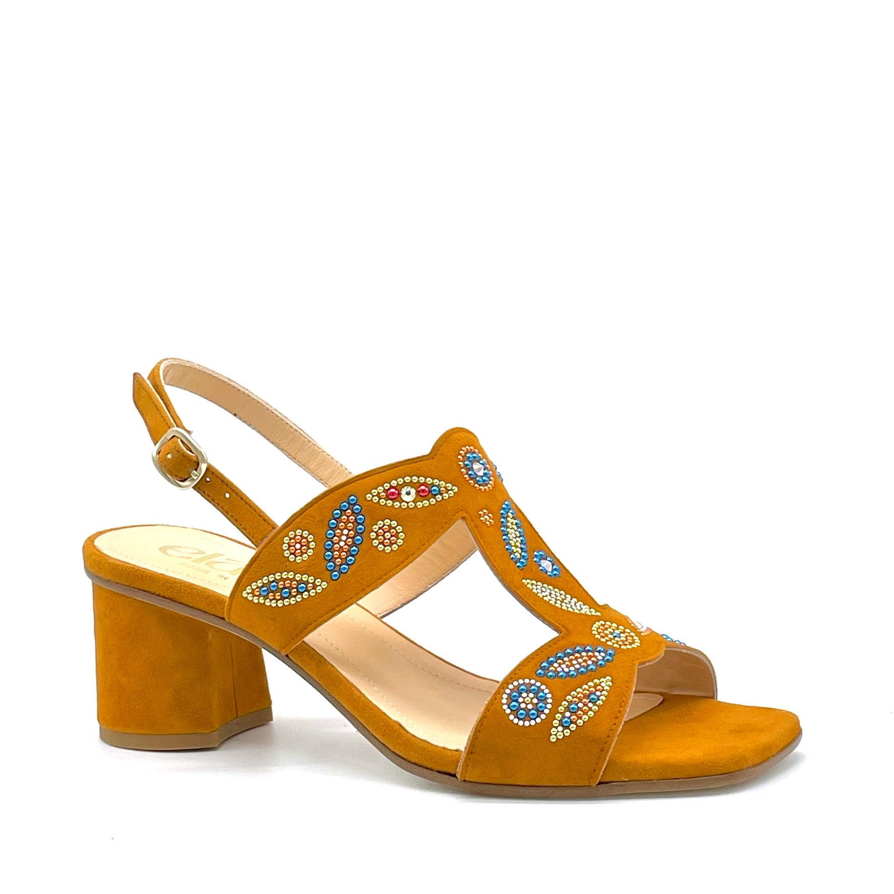 Sandalo in camoscio giallo ocra con applicazione di strass multicolor – Cod. 15163-3