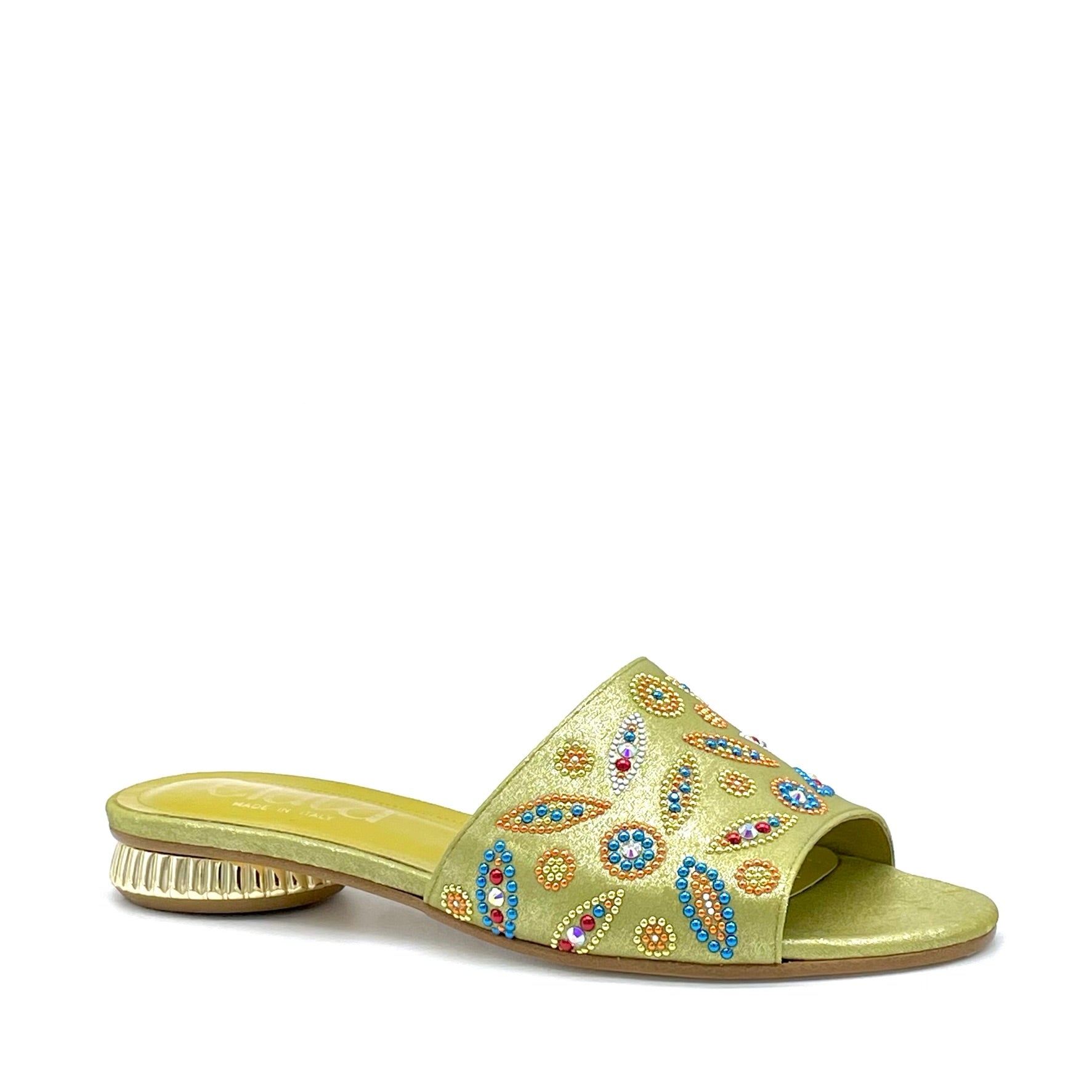 Mule in ciniglia satinata color olio e applicazione di strass multicolor – Cod. 15180