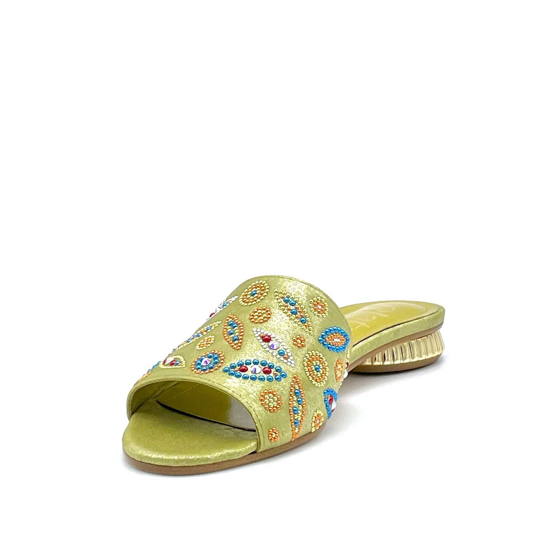 Mule in ciniglia satinata color olio e applicazione di strass multicolor – Cod. 15180