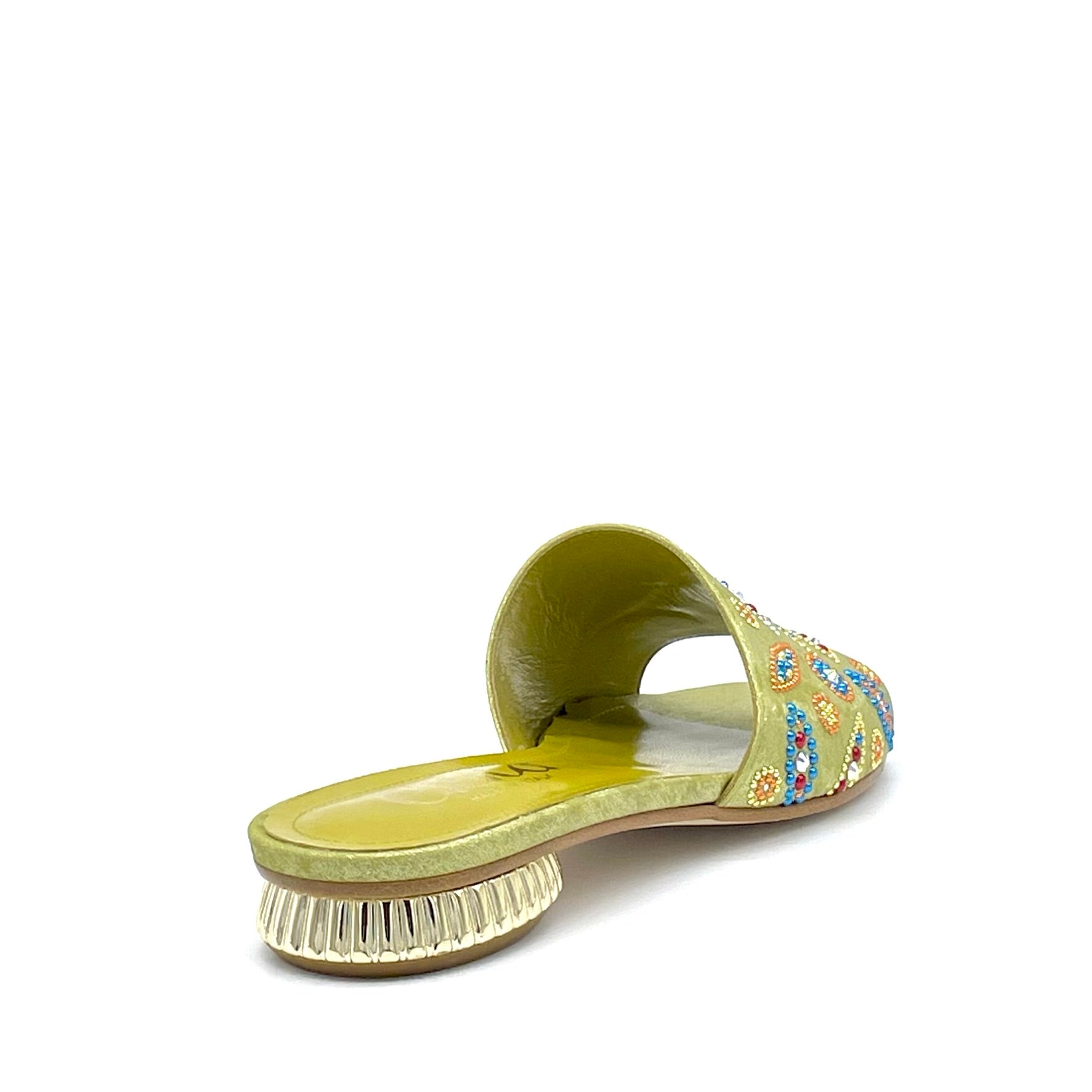 Mule in ciniglia satinata color olio e applicazione di strass multicolor – Cod. 15180