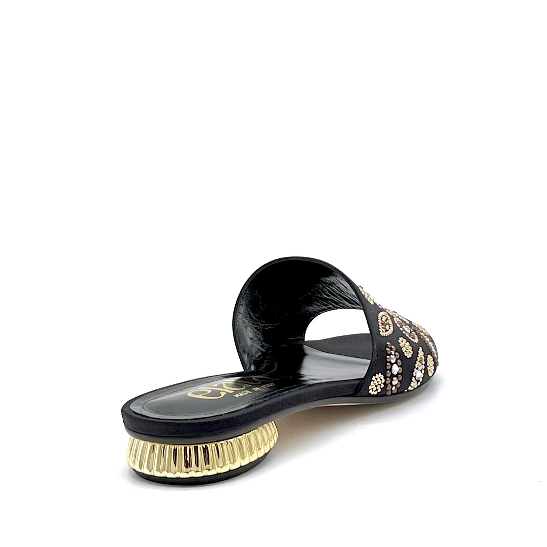 Mule in raso di seta nero e applicazione di strass oro – Cod. 15180-1