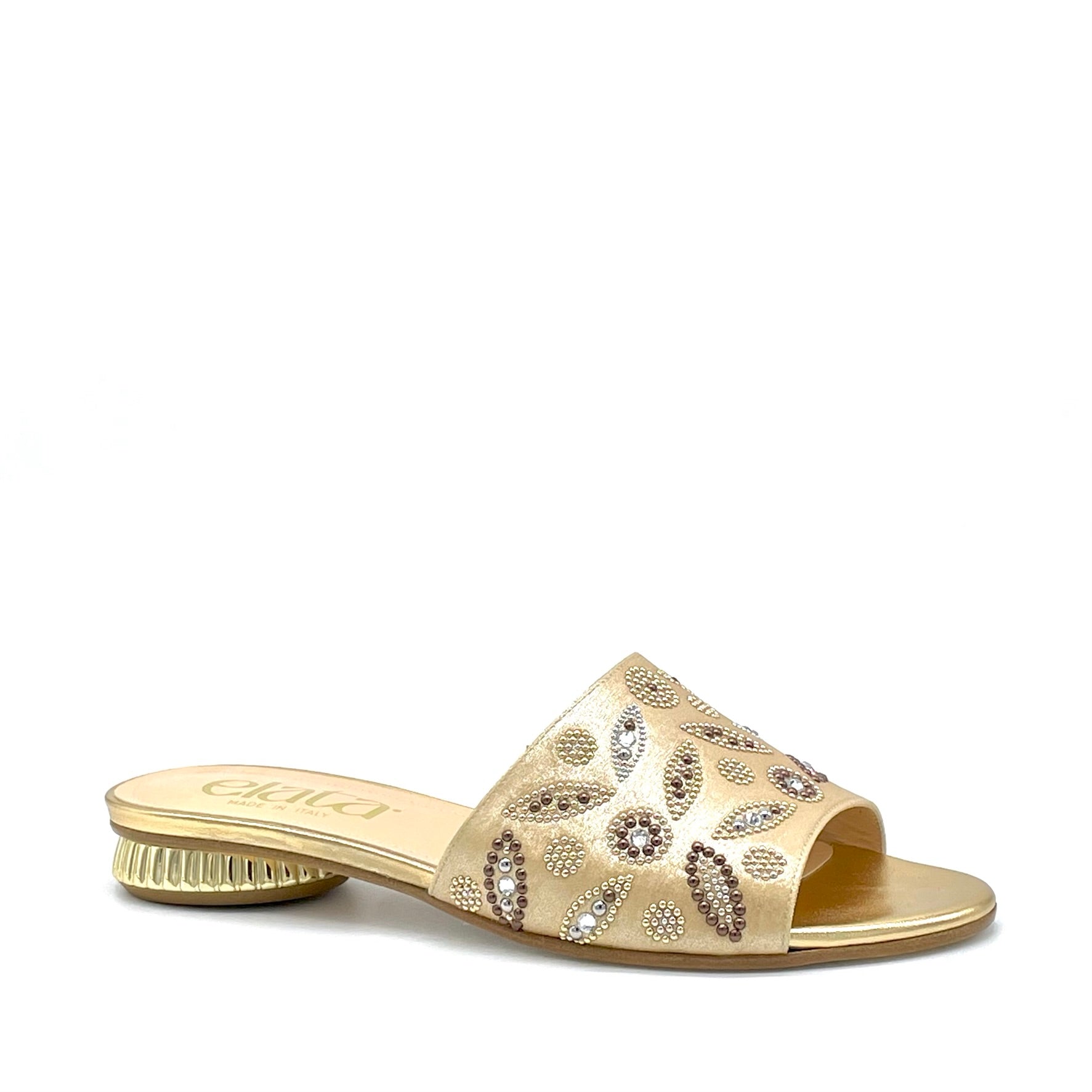 Mule in ciniglia satinata color oro e applicazione di strass oro – Cod. 15180-2