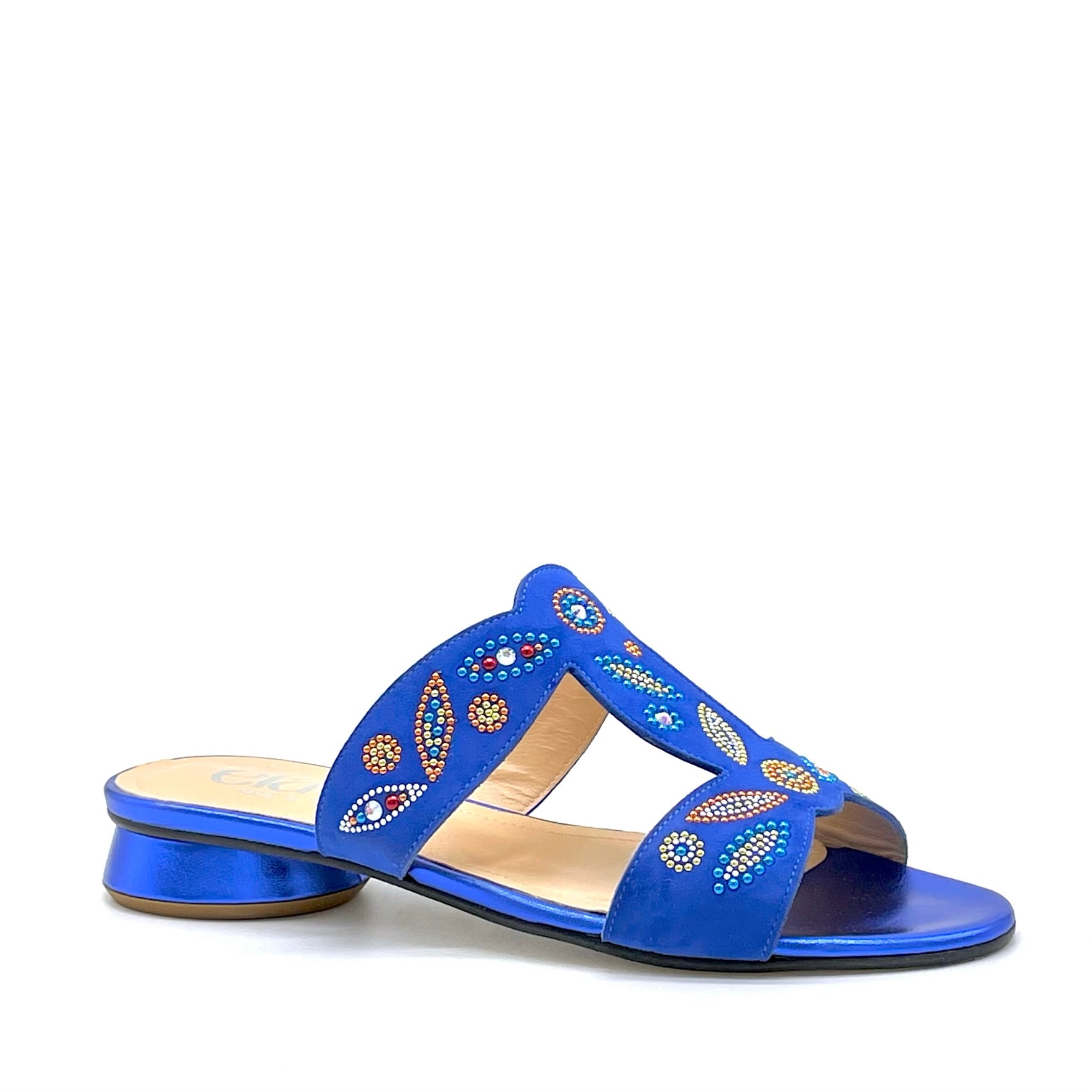 Mule in camoscio e pelle laminata bluette con applicazione di strass multicolor – Cod. 15181
