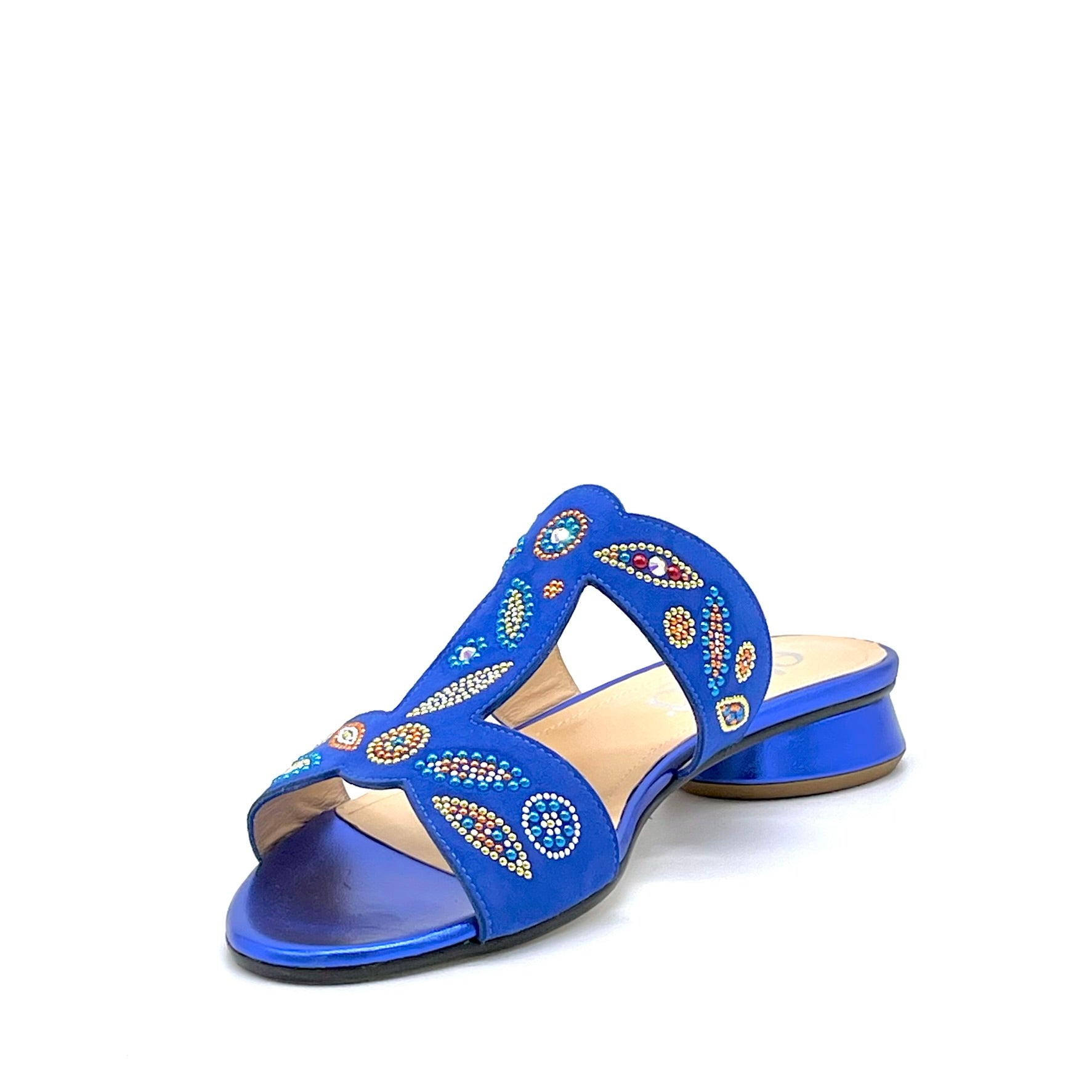 Mule in camoscio e pelle laminata bluette con applicazione di strass multicolor – Cod. 15181