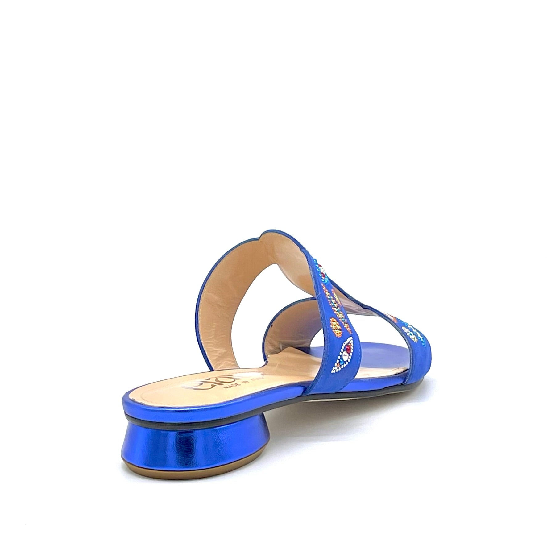 Mule in camoscio e pelle laminata bluette con applicazione di strass multicolor – Cod. 15181