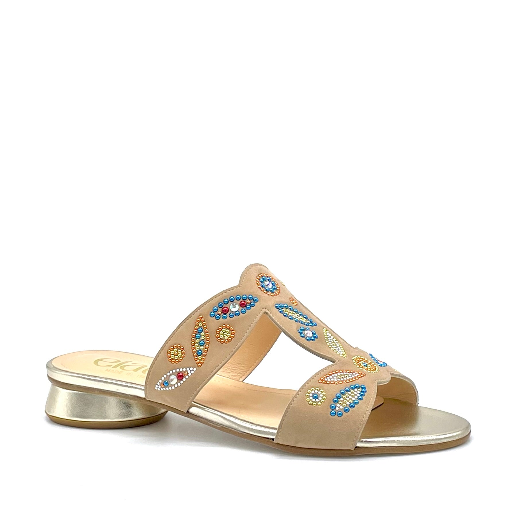Mule in camoscio color sabbia e pelle laminata oro con applicazione di strass multicolor – Cod. 15181-1