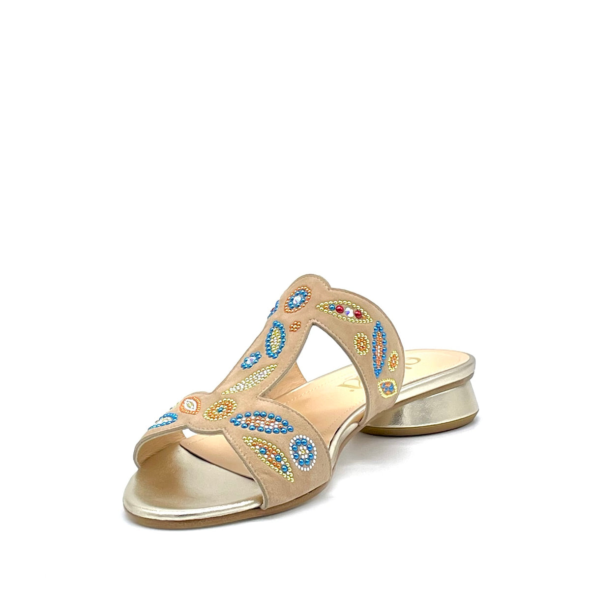 Gold laminate leather and sand suede mule with multicolor rhinestones – Cod. 15181-1