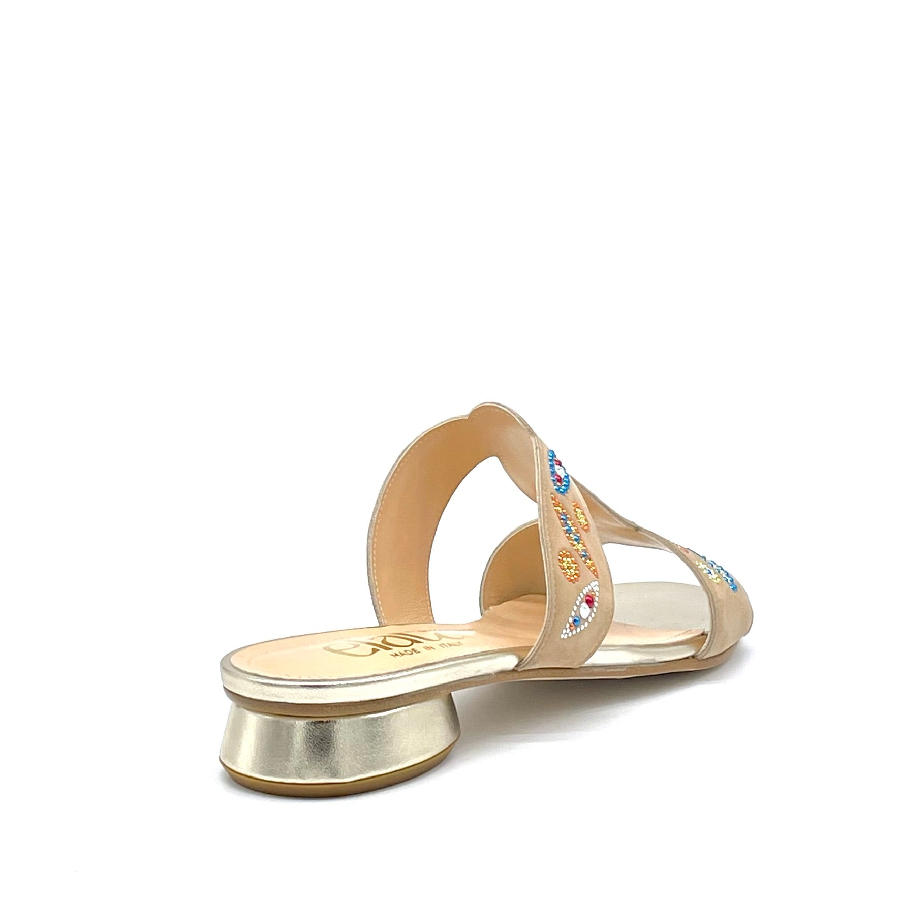 Mule in camoscio color sabbia e pelle laminata oro con applicazione di strass multicolor – Cod. 15181-1