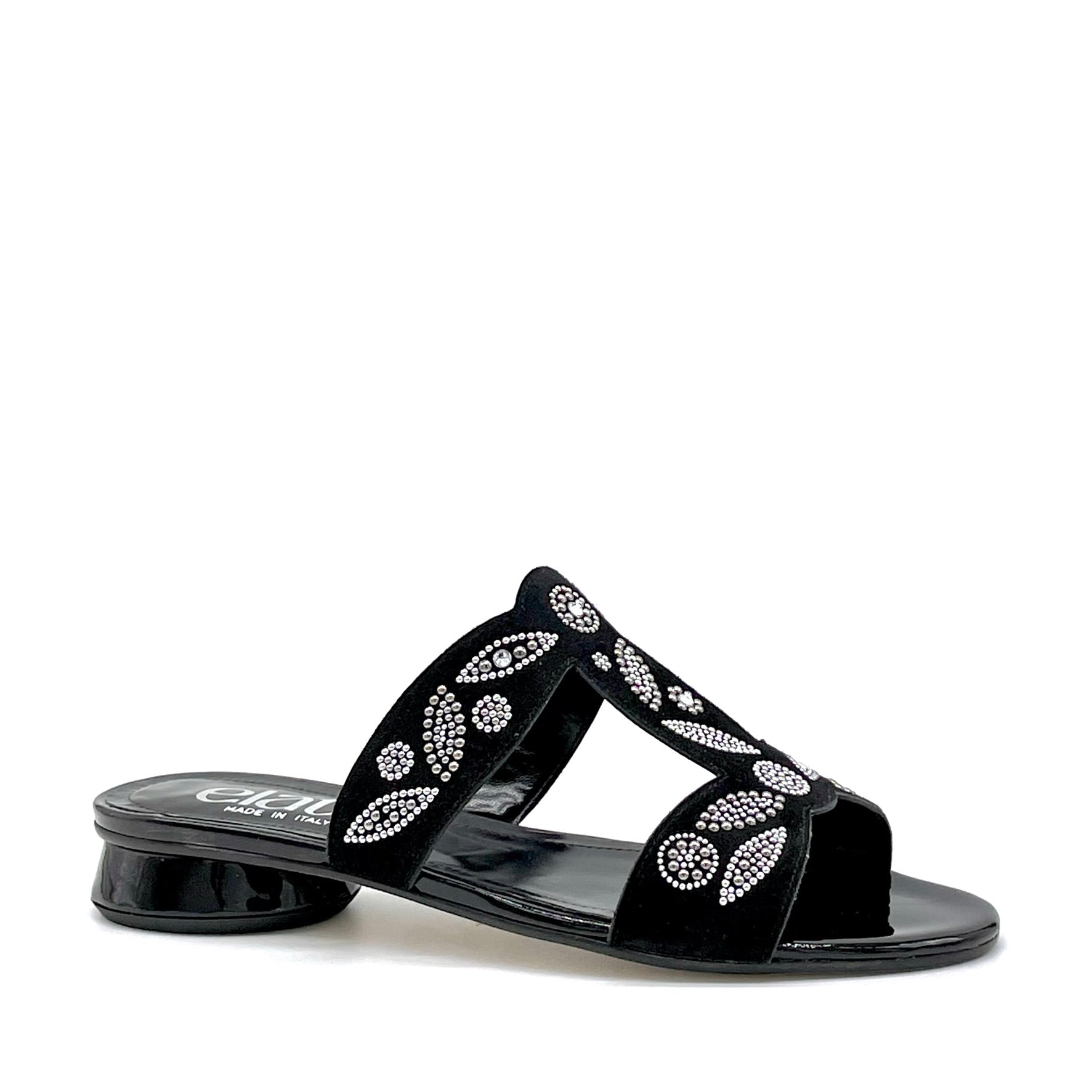 Mule in vernice e camoscio nero con applicazione di strass argento – Cod. 15181-2
