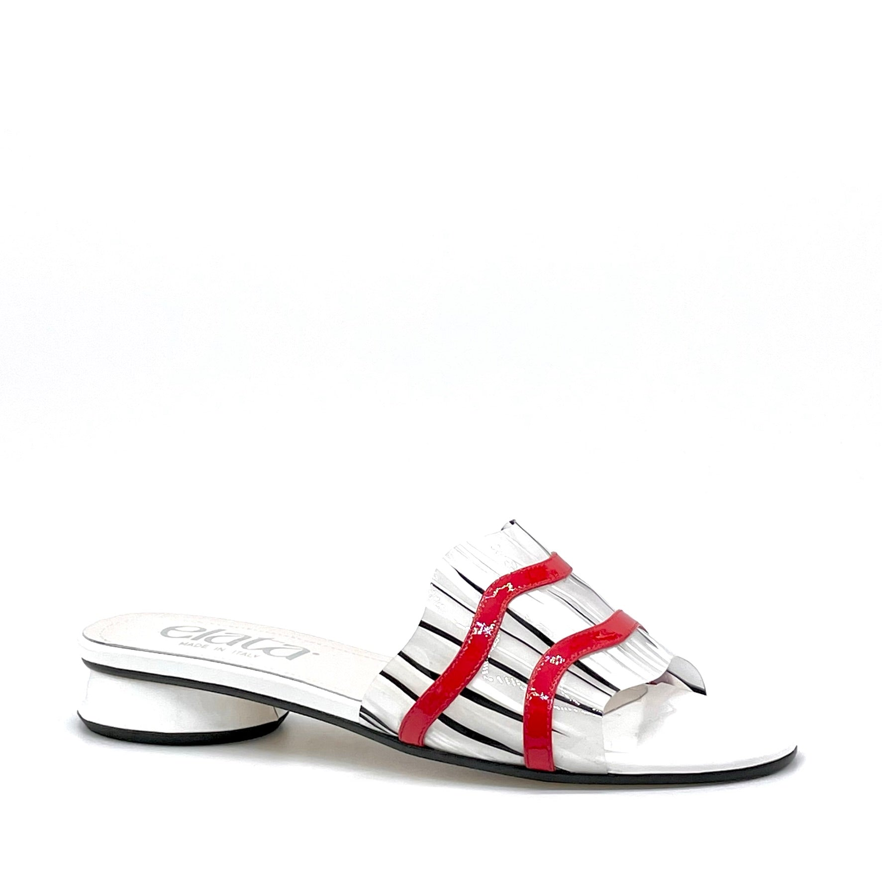 White patent mule with red patent insert and black and white vinyl – Cod. 15183