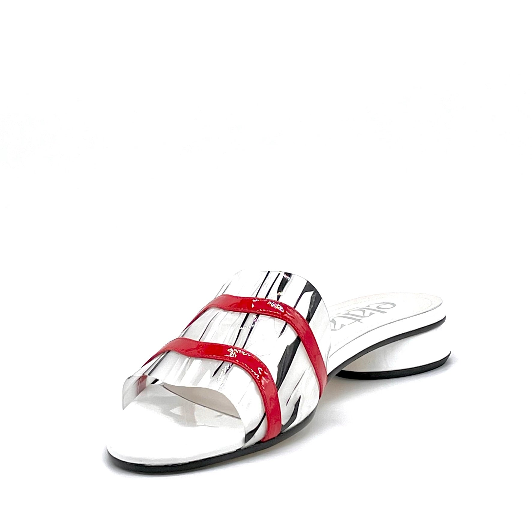 White patent mule with red patent insert and black and white vinyl – Cod. 15183