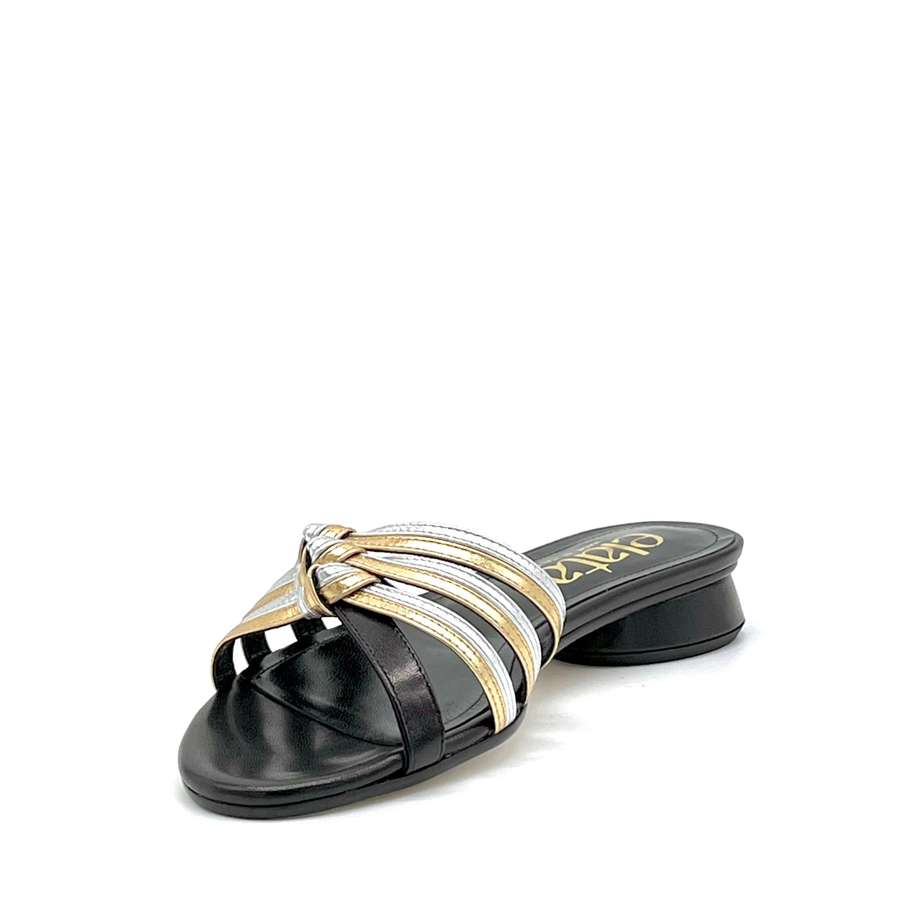 Black leather and silver and gold laminate leather mule – Cod. 15184-3