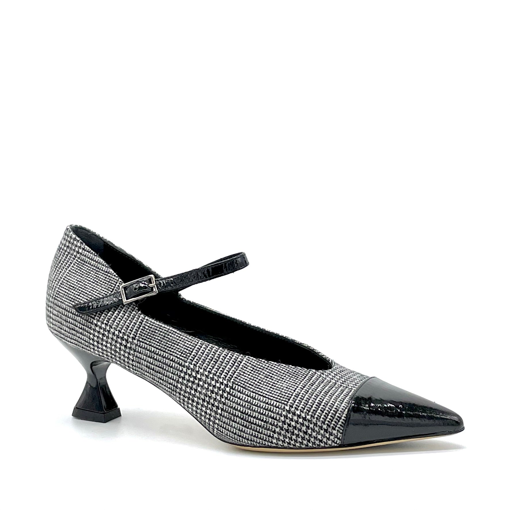Mary Jane in tessuto Principe di Galles black and white e vernice effetto stropicciato nero – Cod. 55505