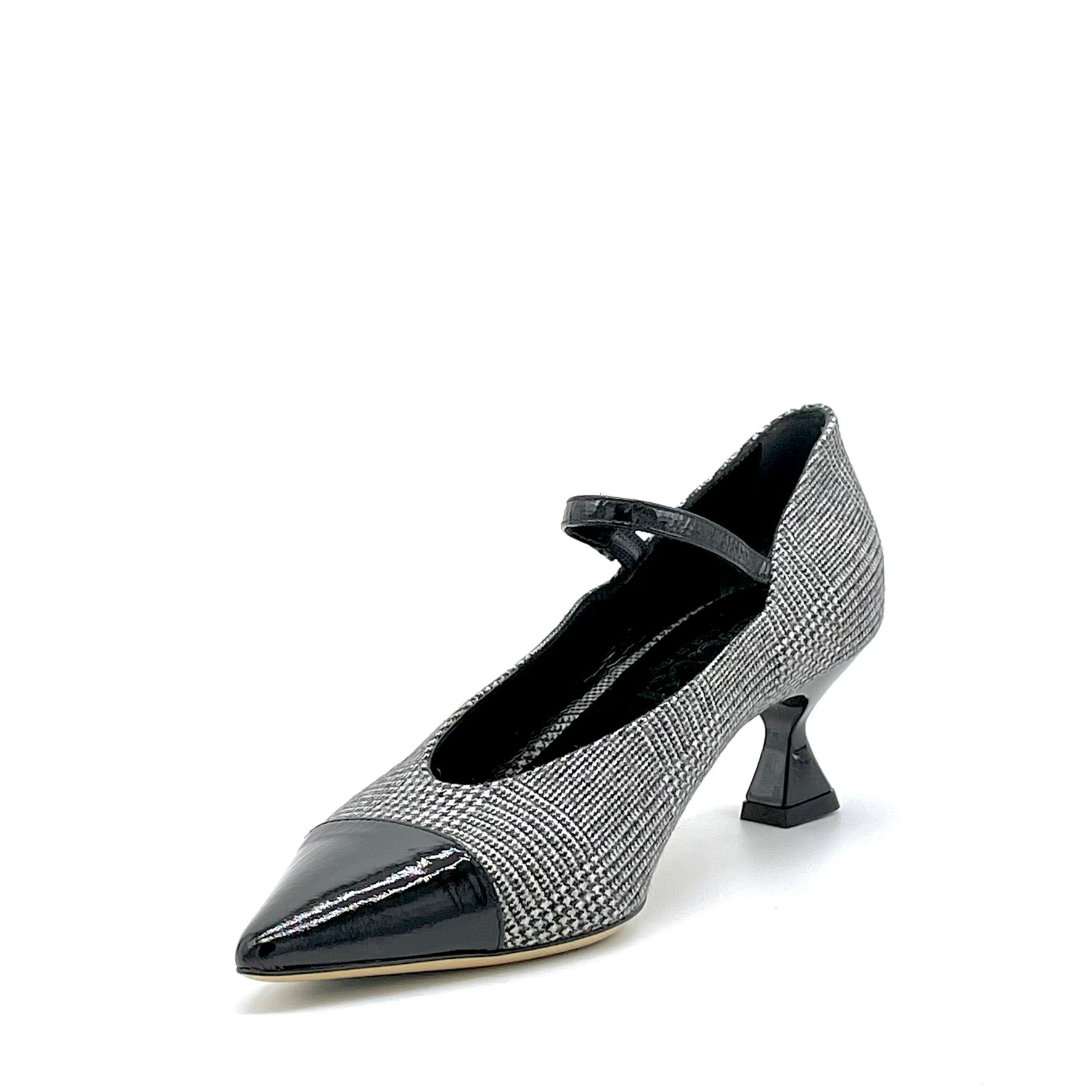 Mary Jane in tessuto Principe di Galles black and white e vernice effetto stropicciato nero – Cod. 55505