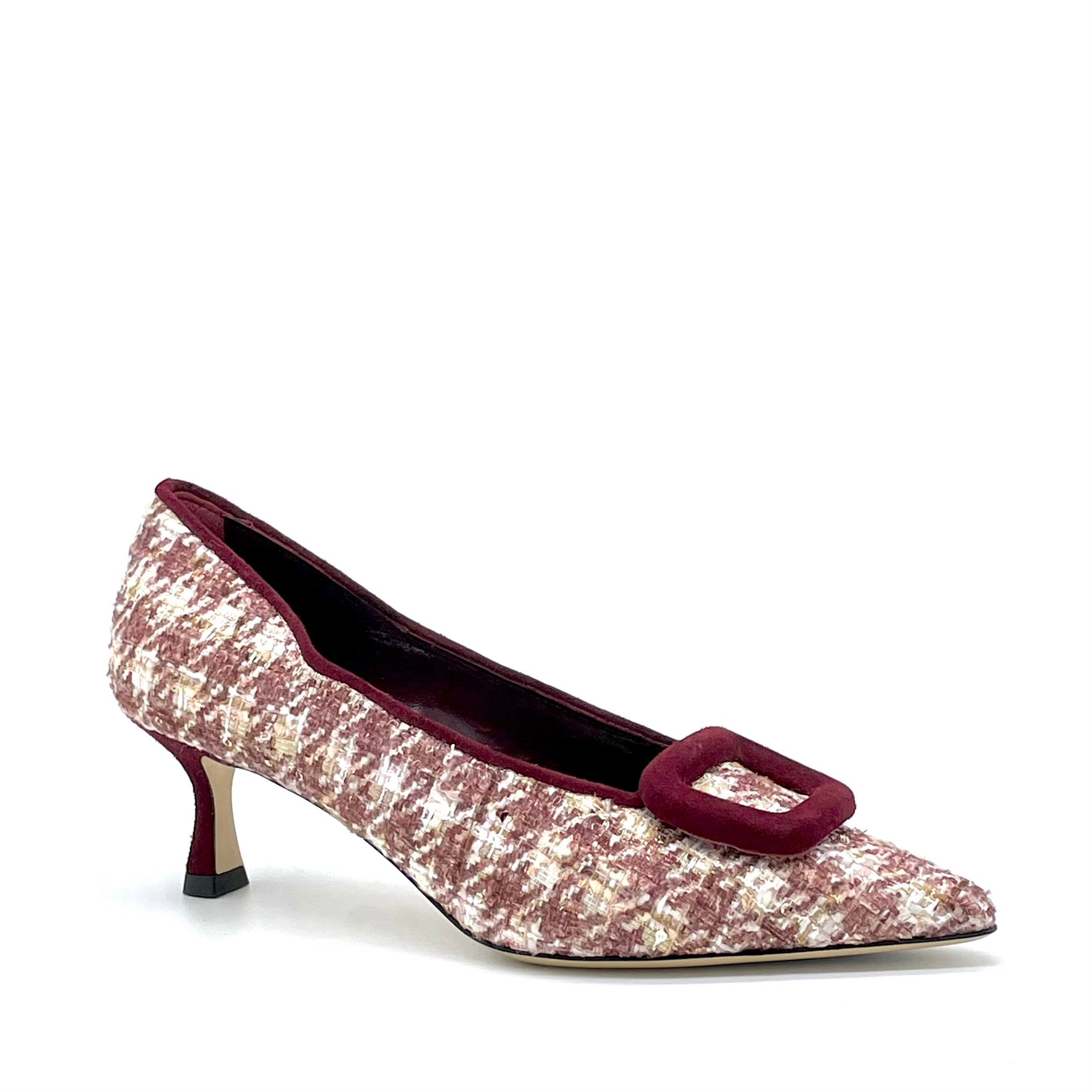 Ivory and burgundy tweed fabric pump with burgundy suede trims and buckle – Cod. 55506