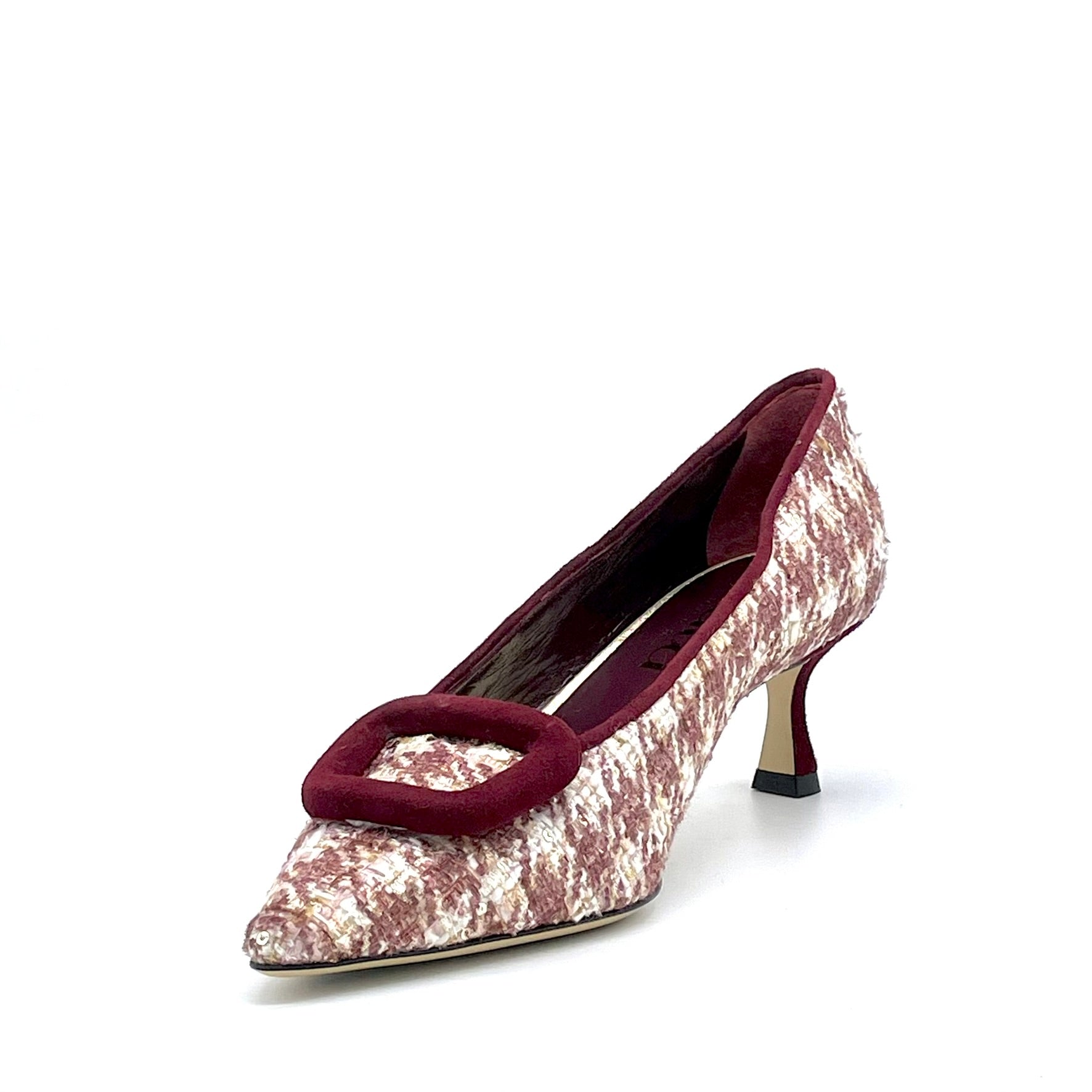 Ivory and burgundy tweed fabric pump with burgundy suede trims and buckle – Cod. 55506