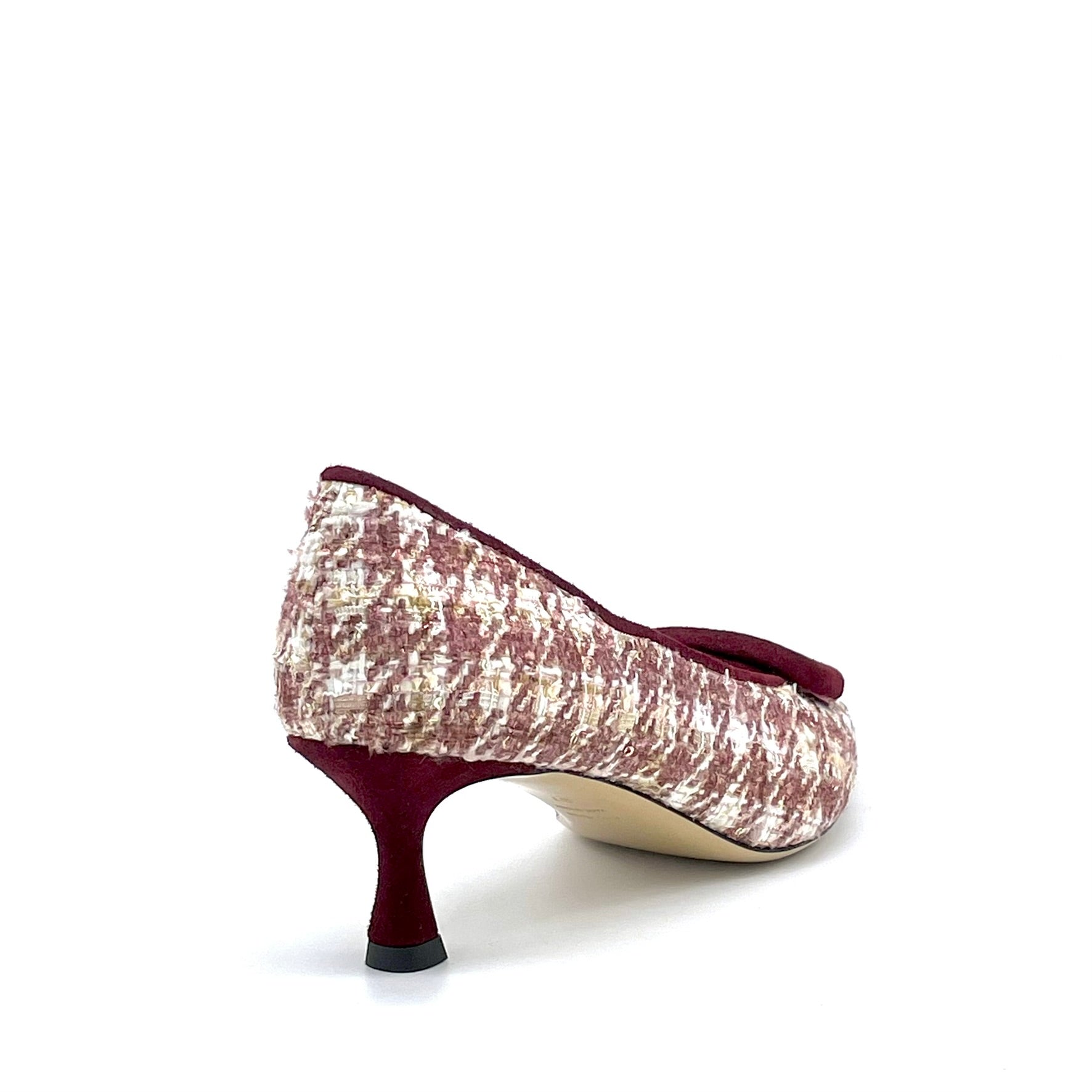 Ivory and burgundy tweed fabric pump with burgundy suede trims and buckle – Cod. 55506