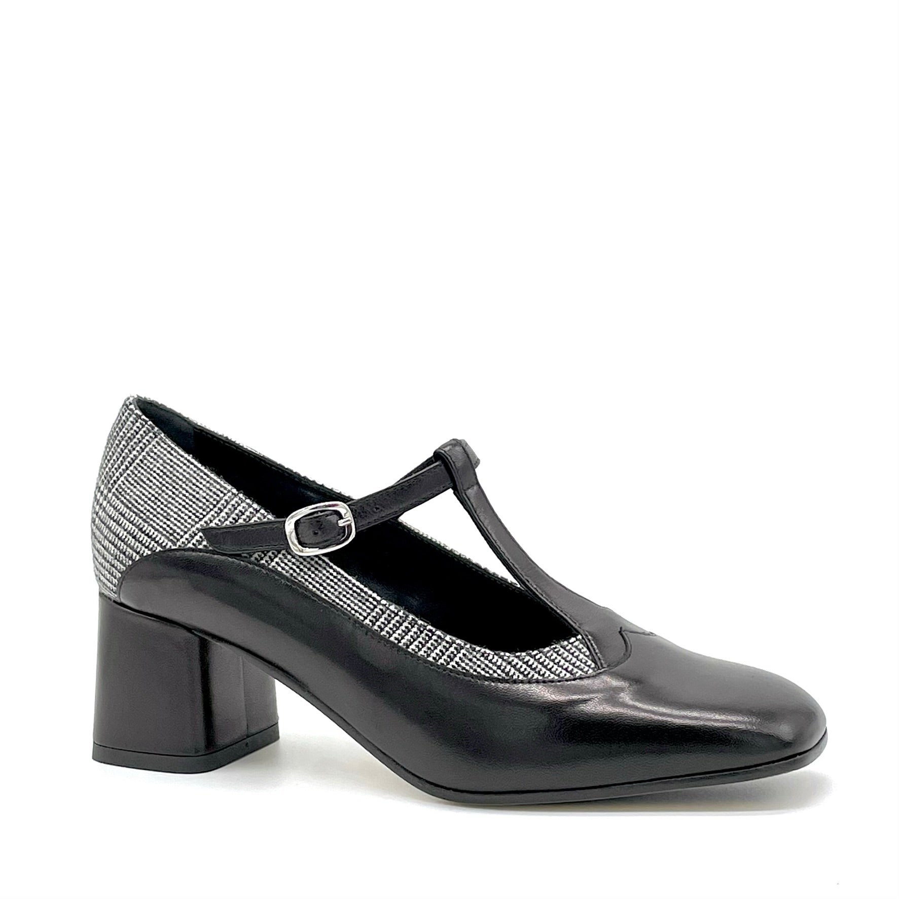 T-Bar in pelle nera e tessuto Principe di Galles black and white – Cod. 55519