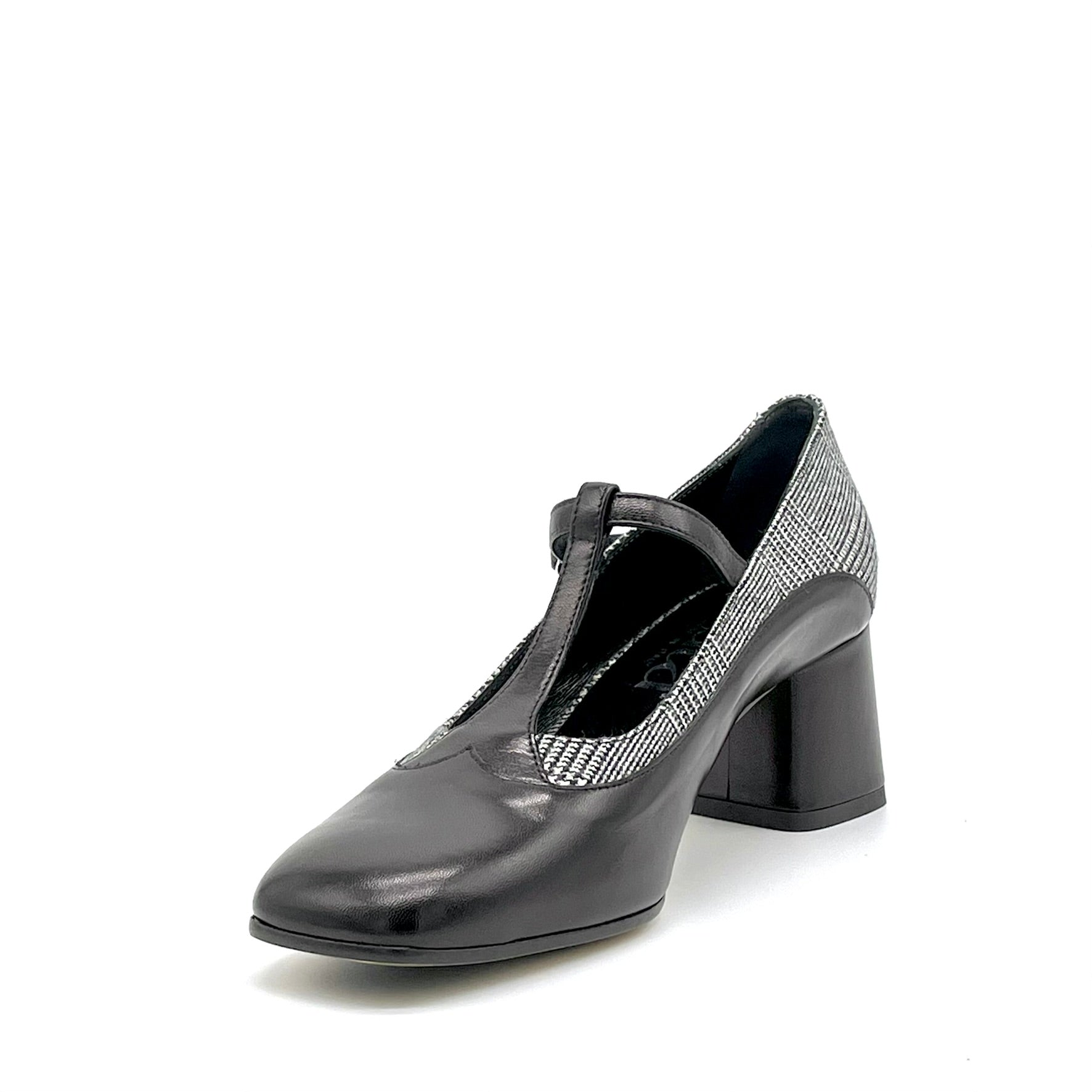 T-Bar in pelle nera e tessuto Principe di Galles black and white – Cod. 55519