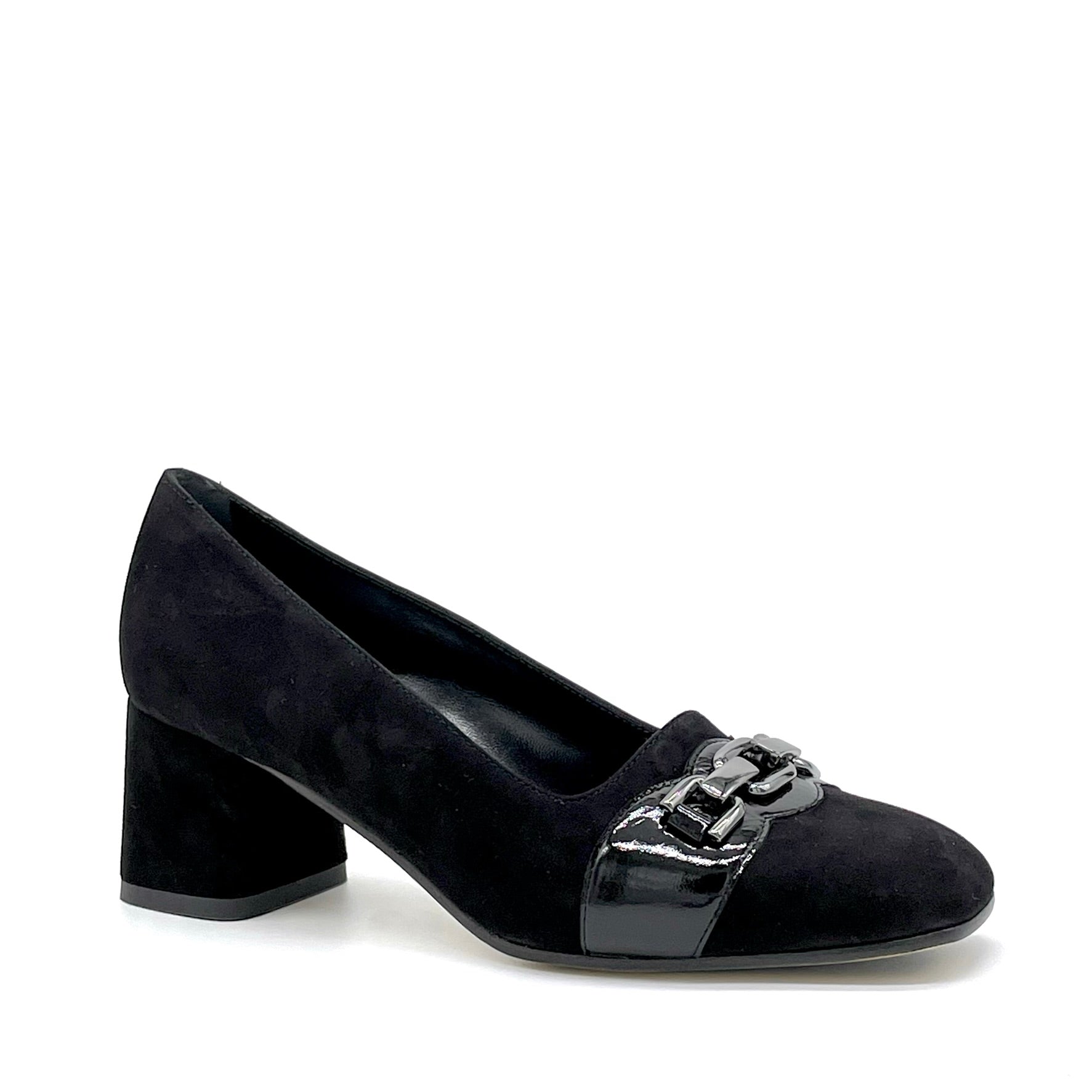Black suede and patent pump with silver clamp – Cod. 55521