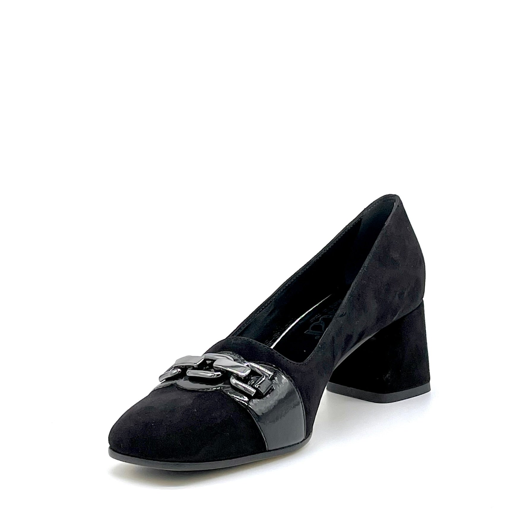 Black suede and patent pump with silver clamp – Cod. 55521