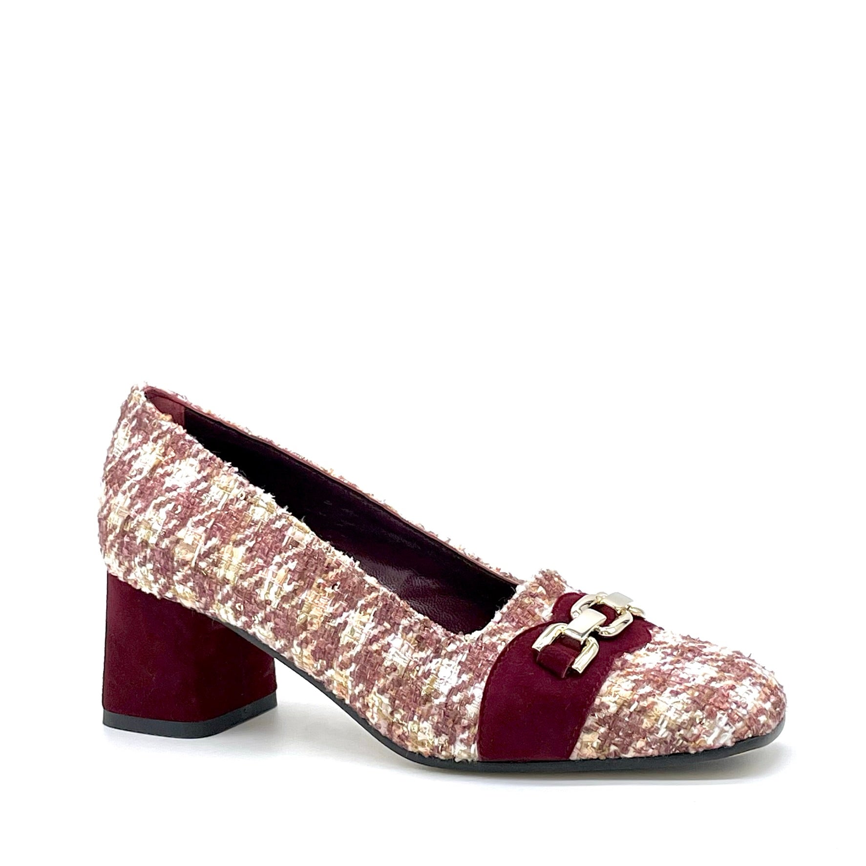 Ivory and burgundy tweed pump with burgundy suede and silver clamp – Cod. 55521-1