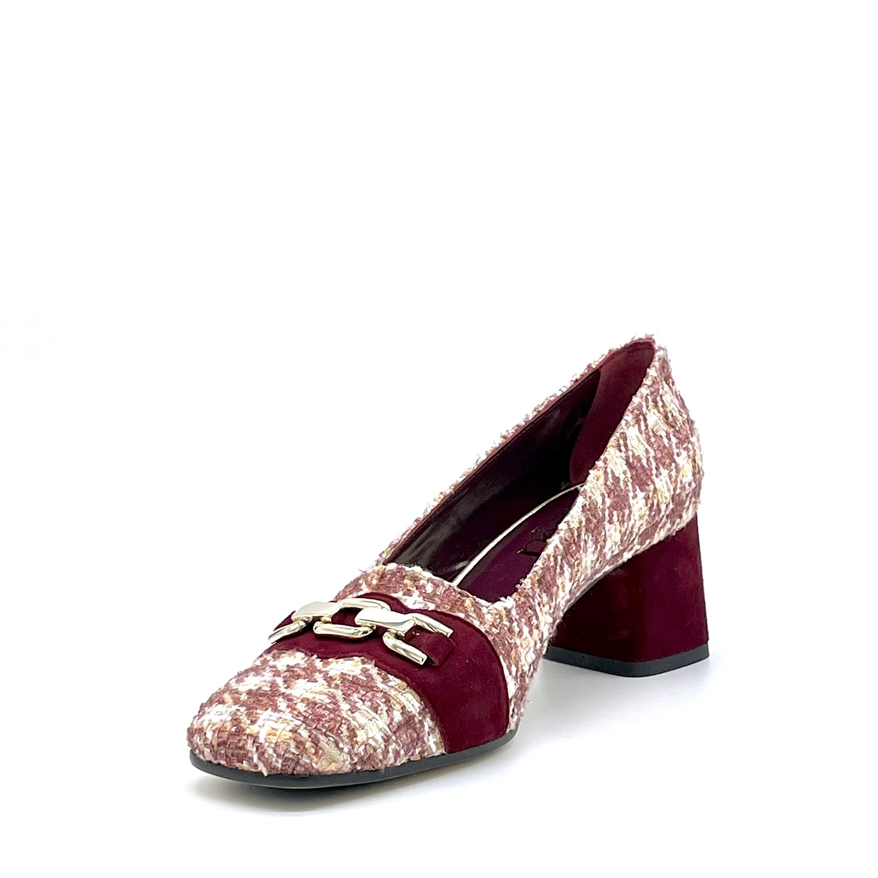 Ivory and burgundy tweed pump with burgundy suede and silver clamp – Cod. 55521-1