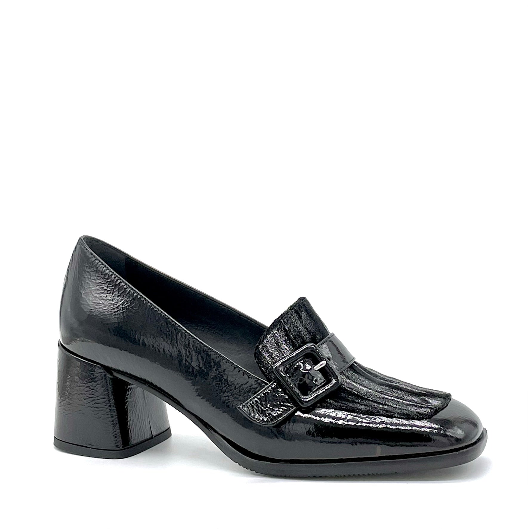 Mocassino in vernice effetto stropicciato e velluto striato nero – Cod. 55524