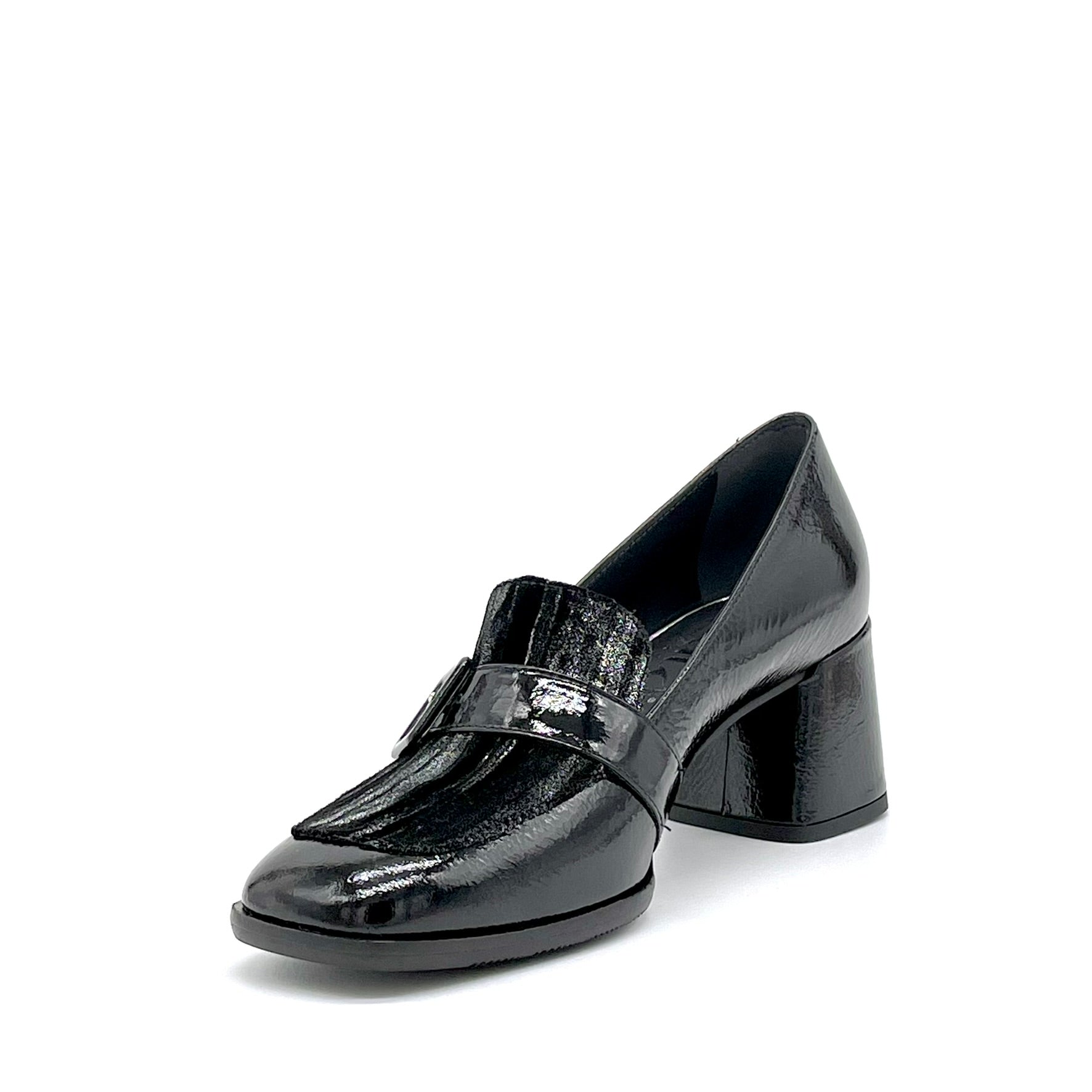 Black creased effect patent and striped velvet moccasin – Cod. 55524