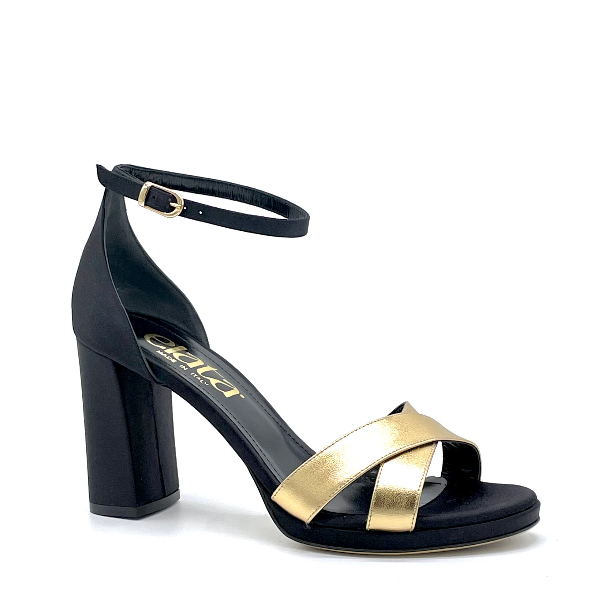 Sandalo in raso nero e pelle laminata oro – Cod. 16125_10