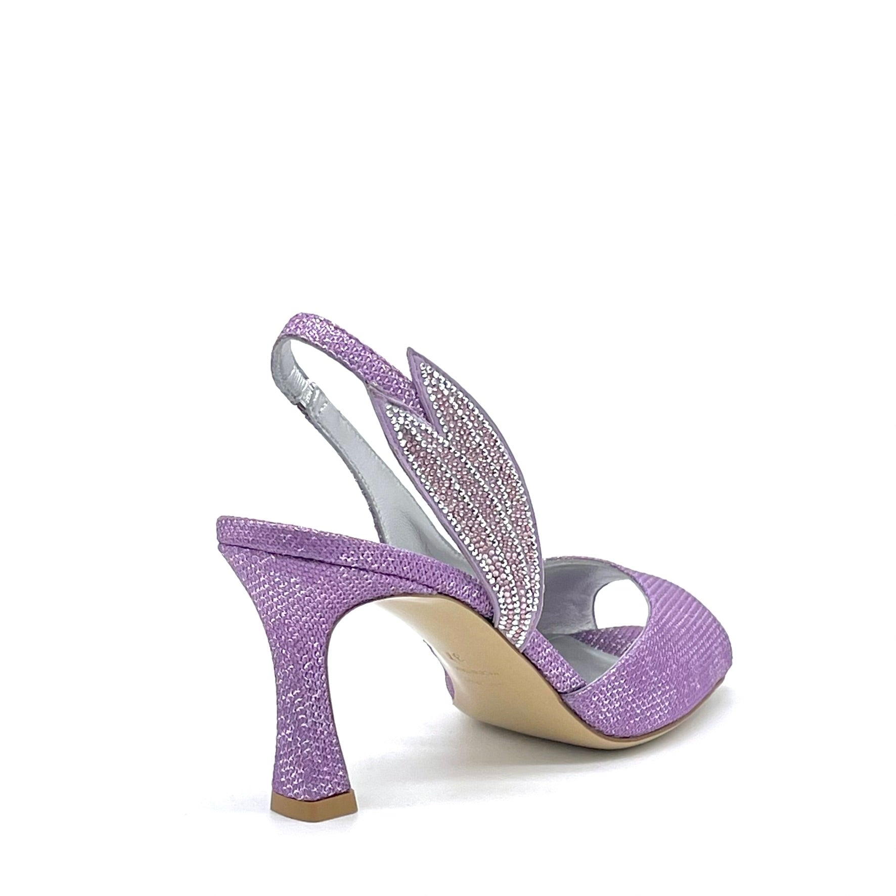 Sandalo in tessuto laminato glicine con applicazione di strass – Cod. 16118
