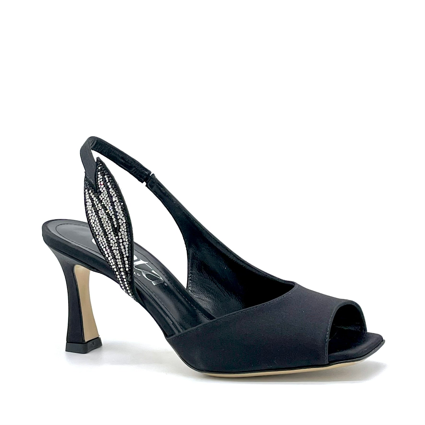 Sandalo in raso di seta nero con applicazione di strass – Cod. 16118-1