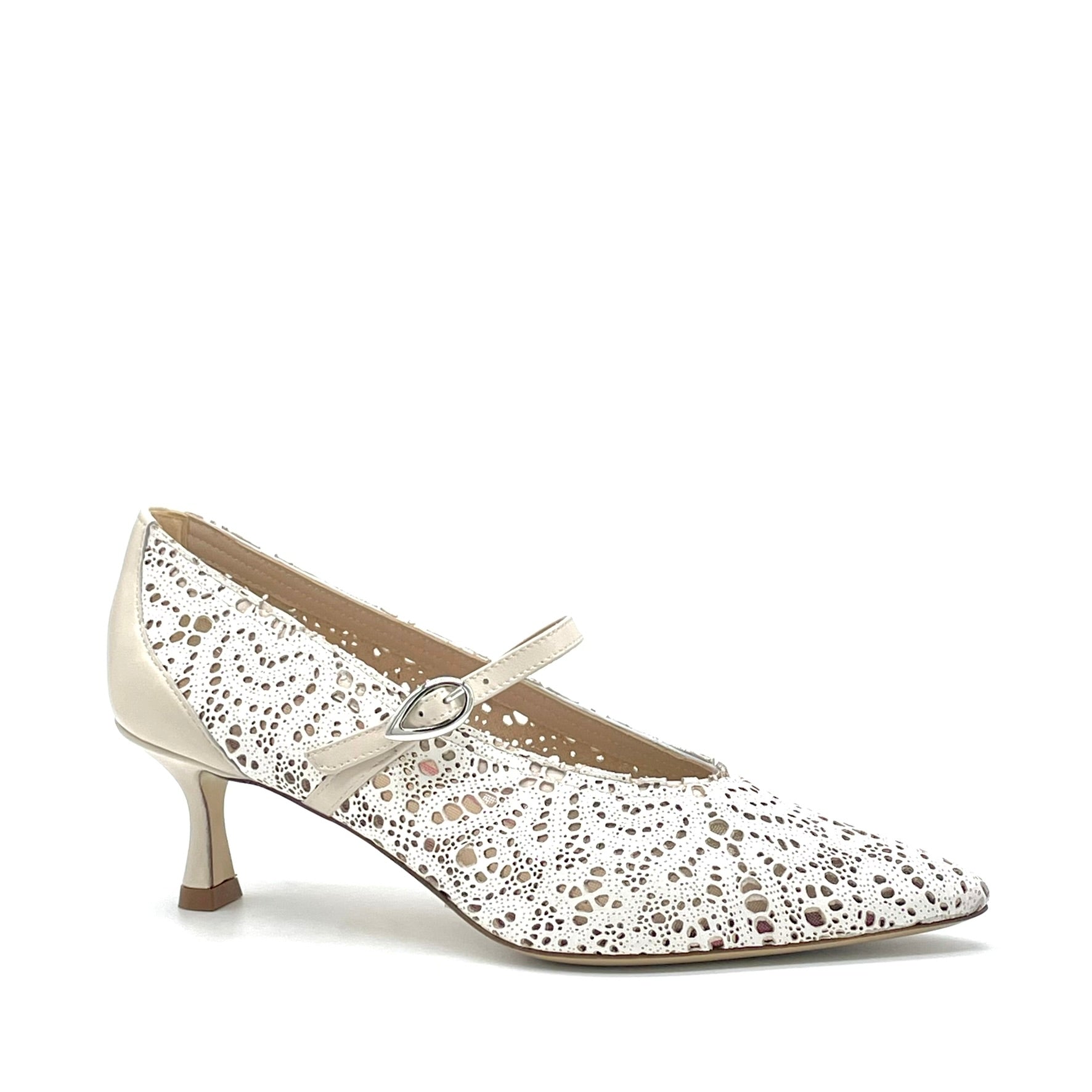 White laser-cut leather pump with mesh and beige leather inserts – Cod.16157
