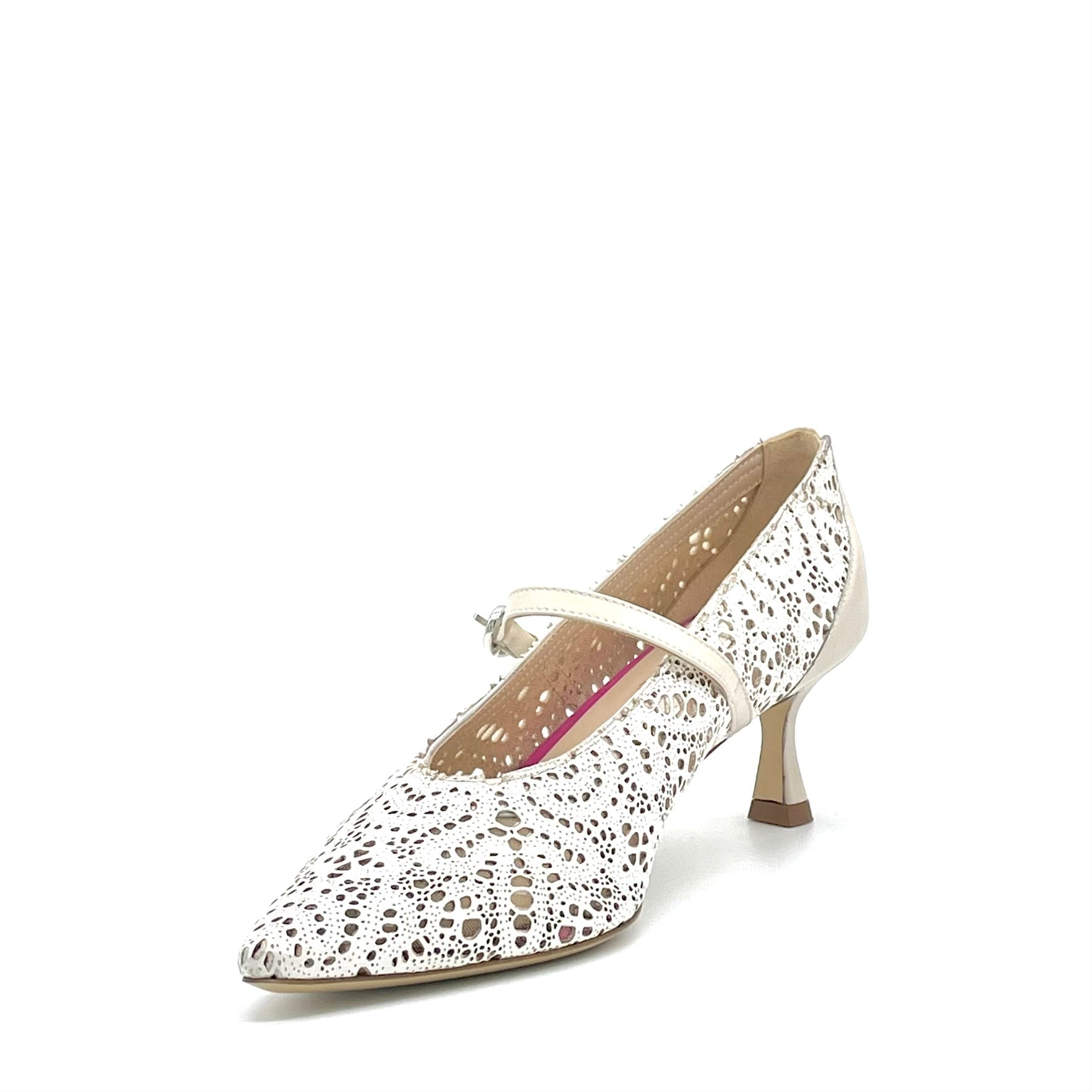 White laser-cut leather pump with mesh and beige leather inserts – Cod.16157
