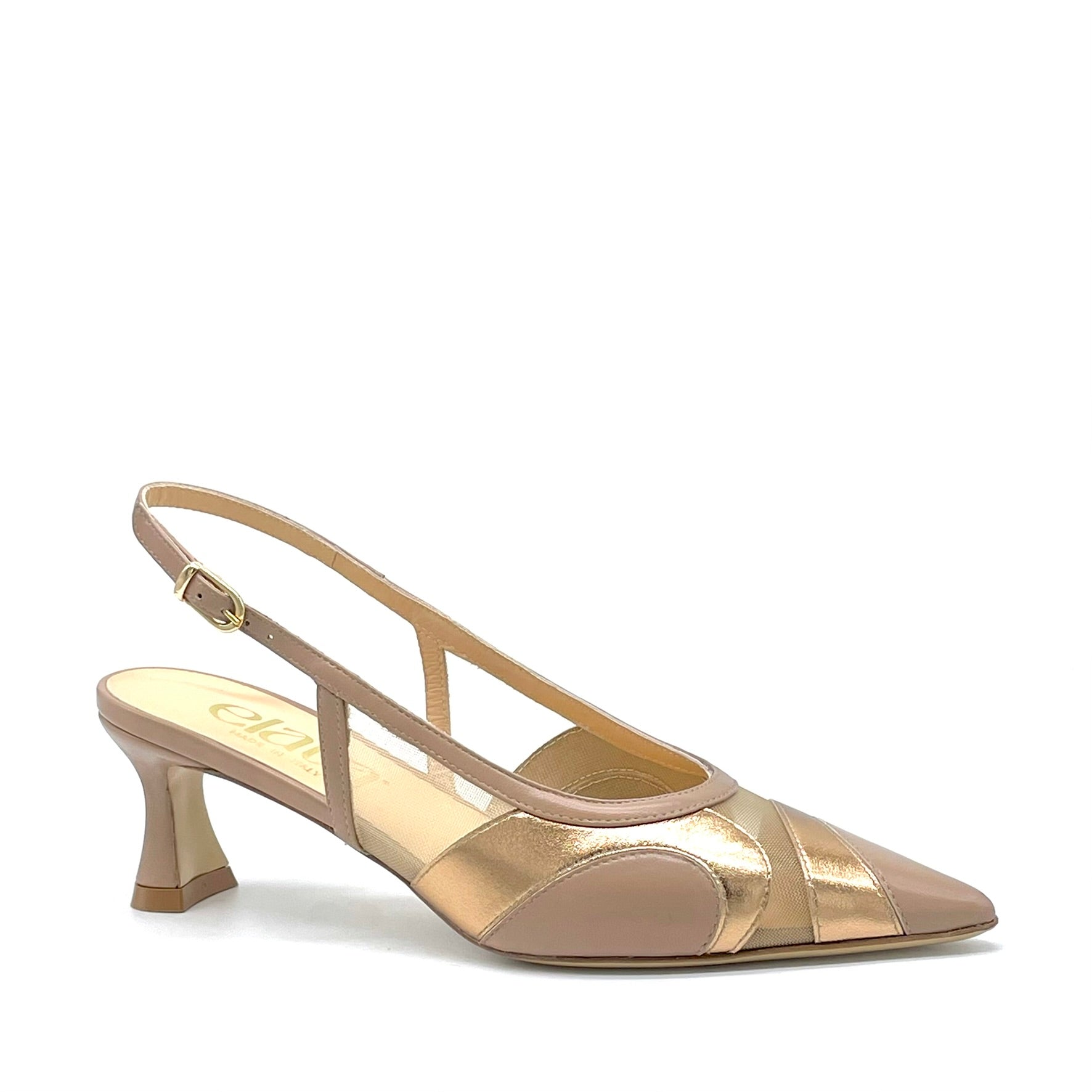 Slingback in pelle color cannella e pelle laminata rame con inserti in rete – Cod.16145